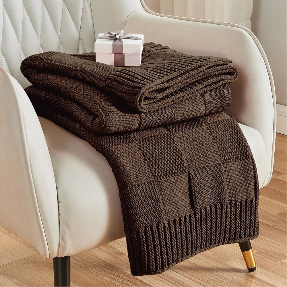 CozeCube Check Knit Throw Blanket, Dark Brown Checkered Throw for Couch, Decorative Christmas Soft Cozy Warm Knitted Blanket for Bed Sofa Living Room, 60"X80"