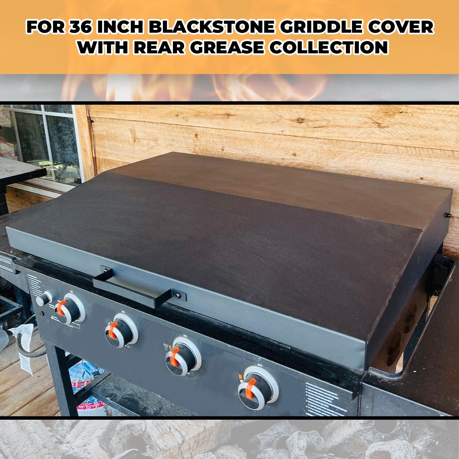 Kojem 36 inch Hinged Lid Cover Compatible with Blackstone Griddle Grill Lid Hard Cover with Rear Grease Collection Powder Coated Black