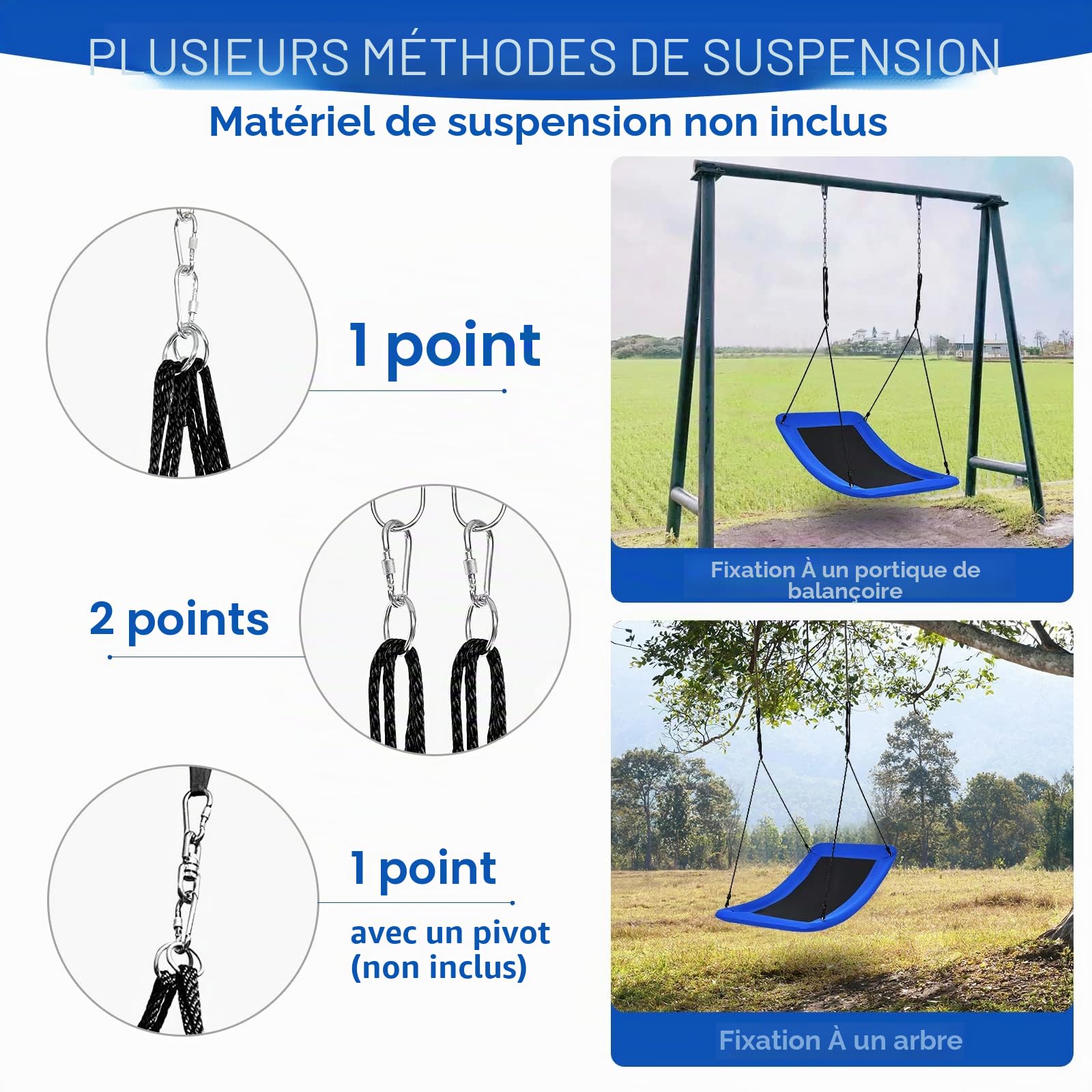 KOMFOTTEU Balançoire Nid d'Oiseau, réglable en Hauteur, Balançoire d’Extérieur pour Enfant, Charge de 150 kg, Balançoire Suspendue rectrangulaire, en Tissu Oxford, 150 x 80 cm (Bleu)