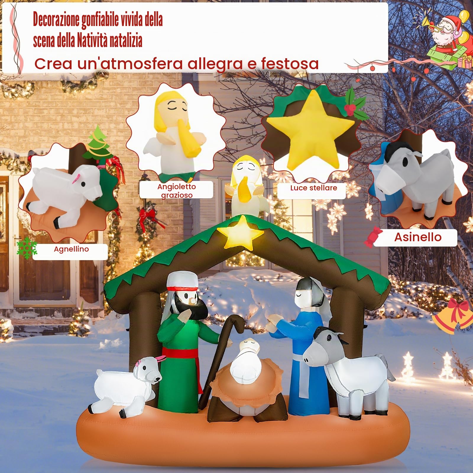 SOARS Decoration Noel, Presepe di Natale Natività, gonfiabile, 172 x 76 x 180 cm, con 7 luci LED lucide, soffiatore incorporato, decorazione natalizia per esterni e interni per giardino, cortile