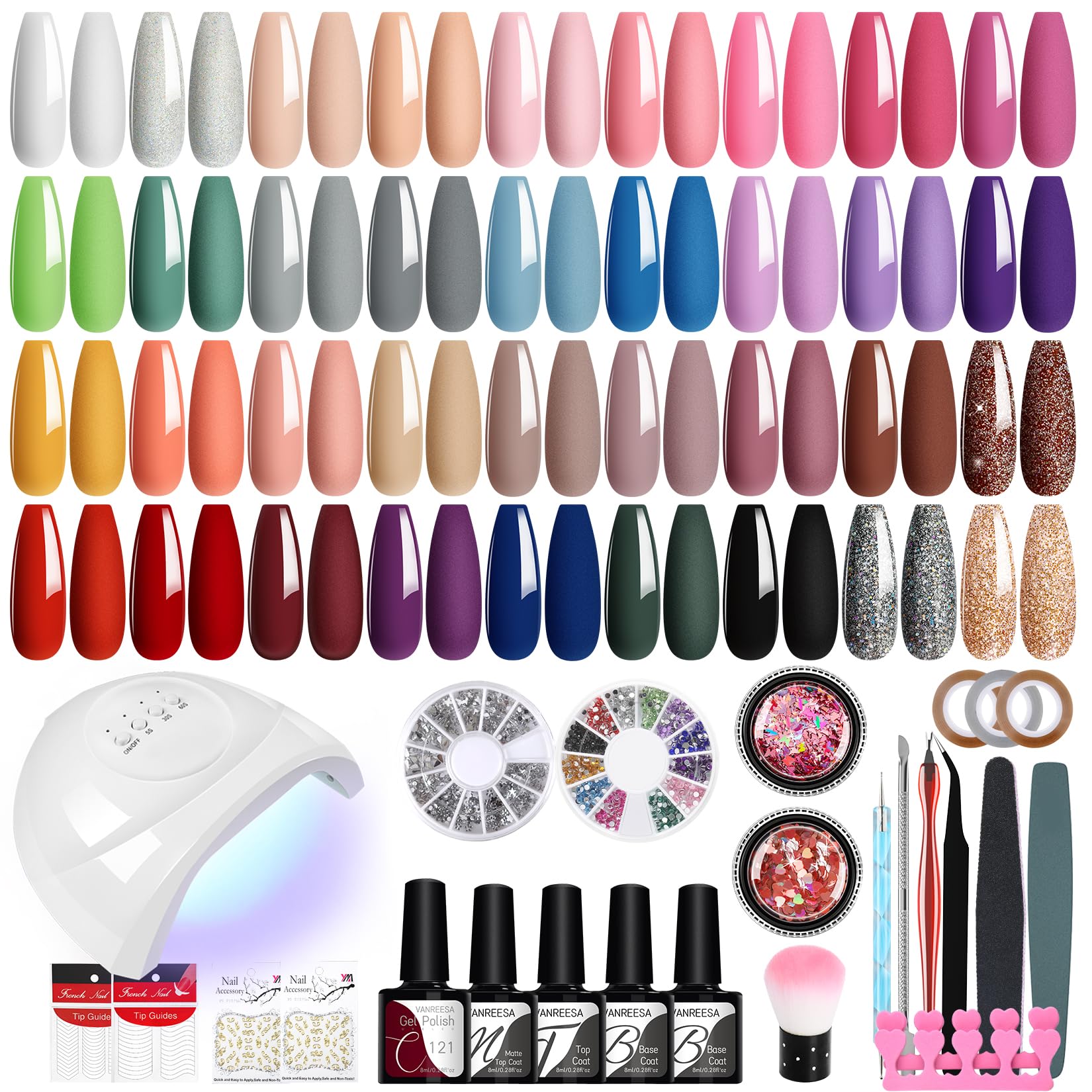 VANREESA 60 PCS Gel Nail Kit with 48W U V Lamp 36 Colours All Seasons Gel Nail Polish Set including Lamp Starter Kit Pink Red Brown Gels Polish Set including Base and Top Coat Manicure Salon Gifts for Women
