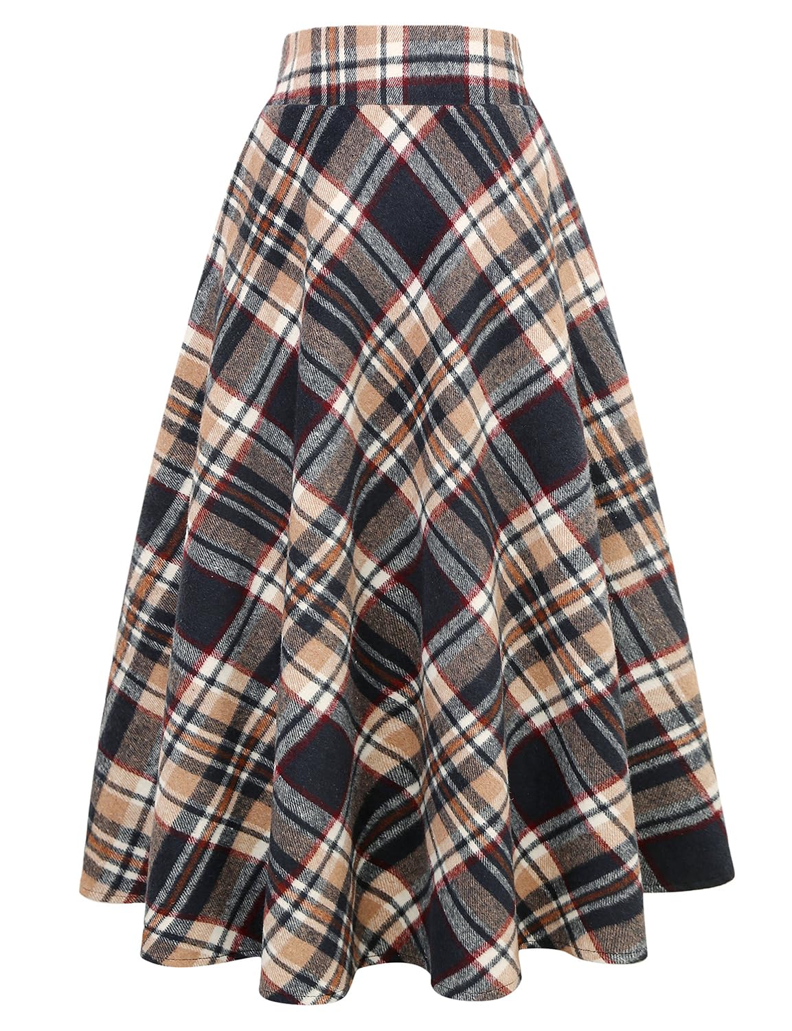 IDEALSANXUN Women's High Elastic Waist A-Line Plaid Maxi Skirt, Wool, Camel Navy, L
