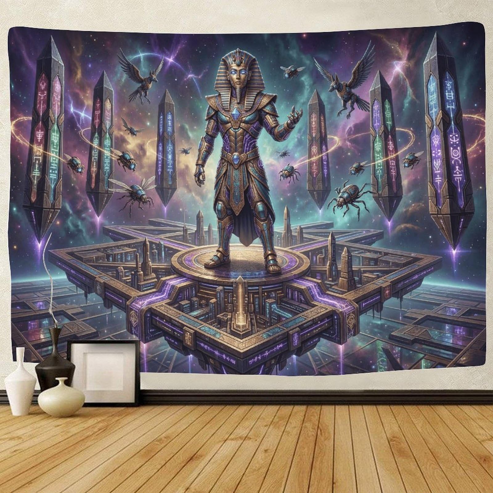 GPMNBCXZK Egyptian Pharaoh Wall Tapestry Futuristic 3D Pyramid Home Hanging Decoration for Living Room Dorm Bedroom 180cmx230cm