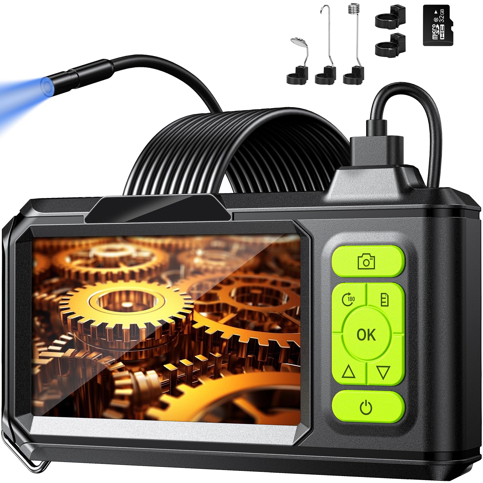 Camera Endoscopique 4.3'' Écran IPS 1080P HD – Caméra d'Inspection Étanche IP67 avec 8 LED et Sonde 8mm, Câble Semi-Rigide 5M avec 32GB Carte TF pour Canalisation, Voiture, Tuyau, Atelier