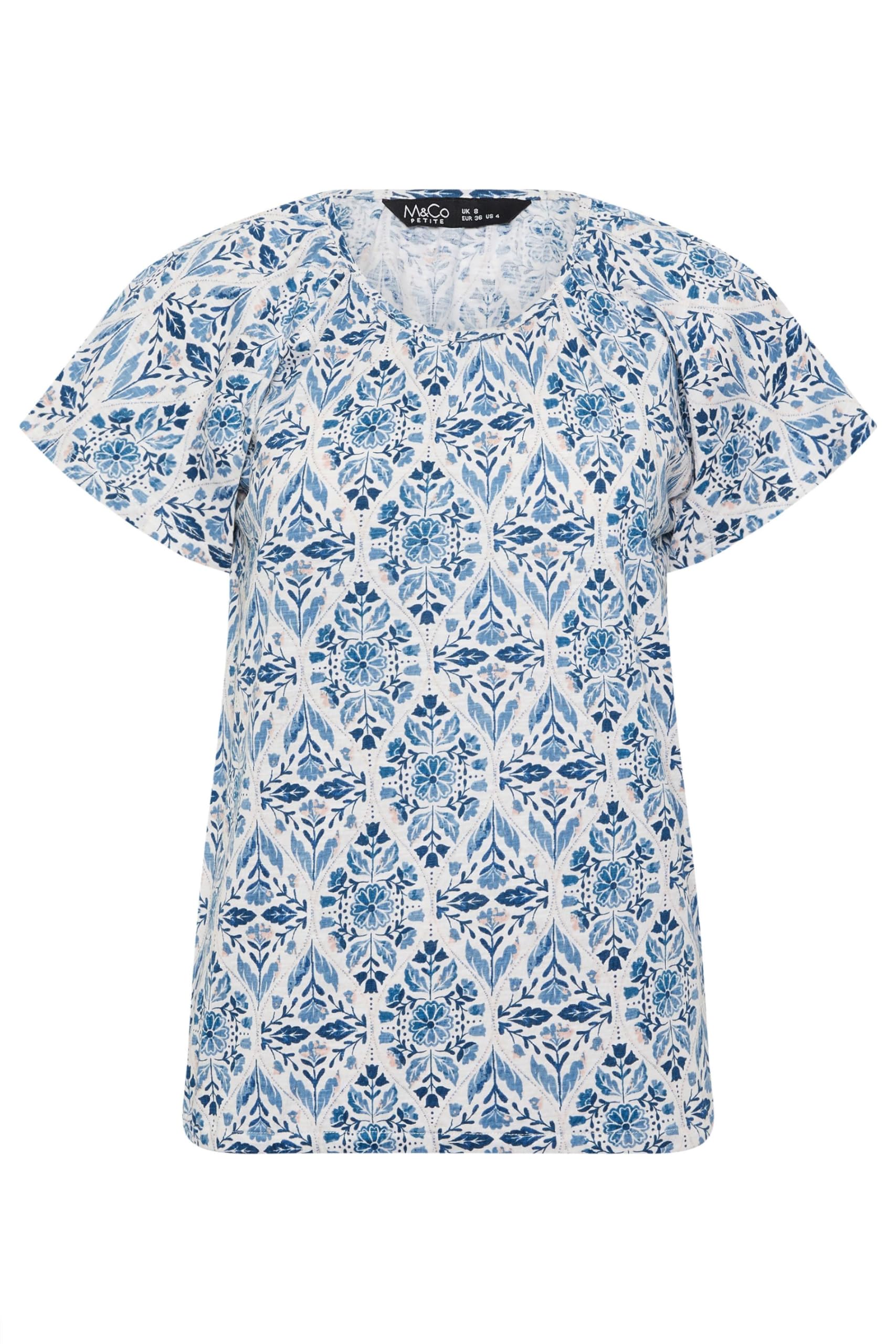 M&Co Petite Floral Cotton Scoop Neck Top - Women's Blue