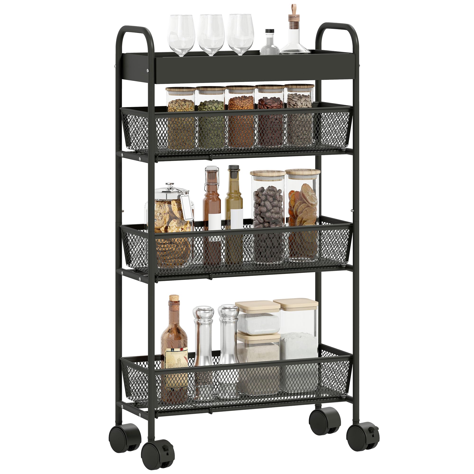 HOMCOM Chariot de rangement à 4 niveaux, 3 paniers coulissants, desserte à roulettes, panier supérieur et poignée, desserte cuisine multifonctionnel pour chambre, salon, bureau, 19 x 43,2 x 80 cm noir