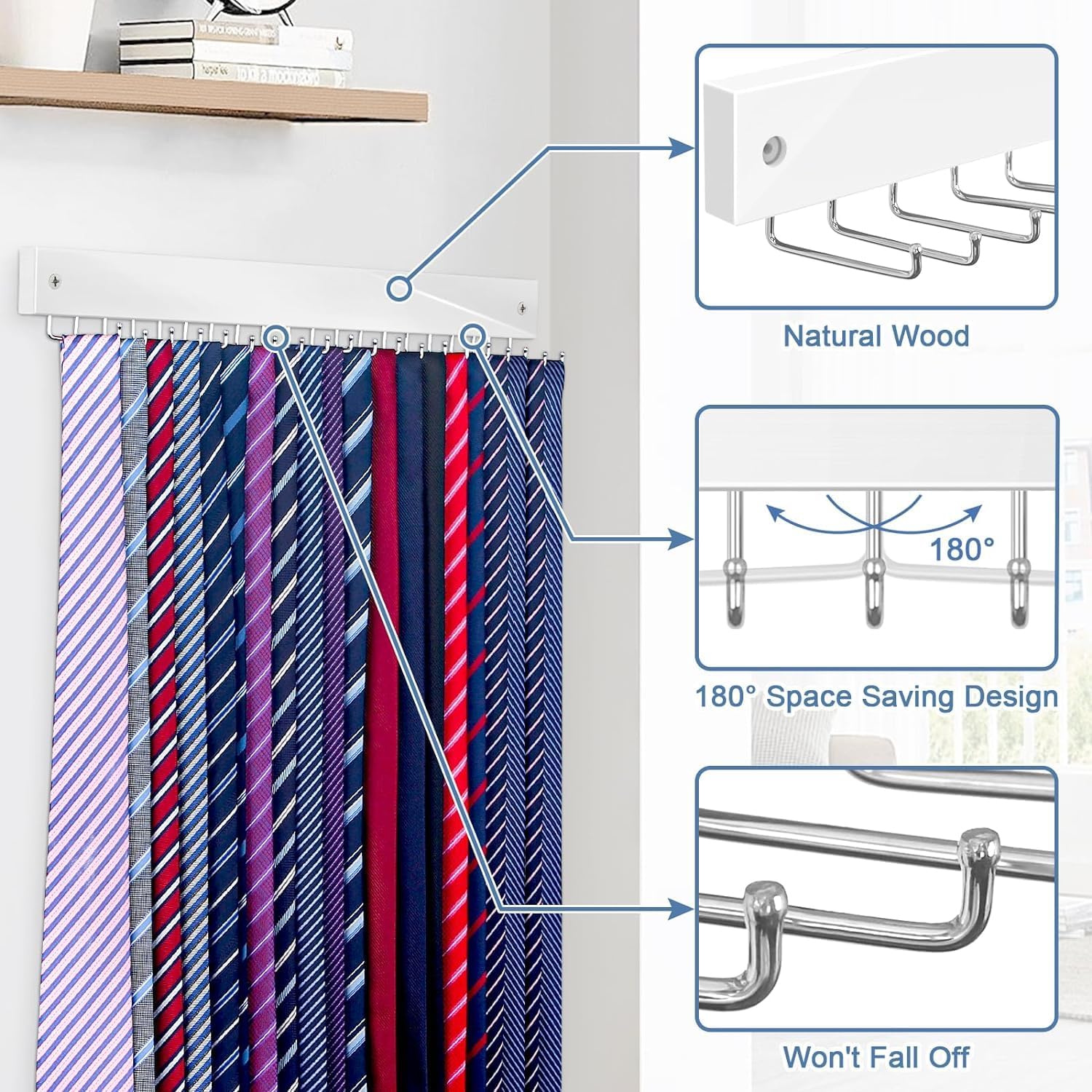 Tie Rack Wall Mounted, Belt Rack Tie Organizer for Men with 20 Storage Hooks, Non Slip 180 Degree Rotating Tie Holder Belt Hanger for Closet/Wall Mount