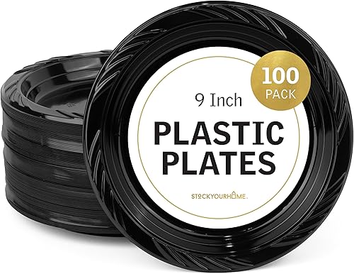 Miniatura 1 de Stock Your Home Platos de plástico negro de 9 pulgadas (100 unidades), grandes platos desechables de plástico negro para fiestas, pasteles,