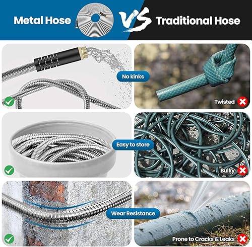 Miniatura 5 de Manguera de jardín de 100 pies, manguera de agua con boquilla de 10 funciones, manguera de jardín de metal con conectores a prueba de fugas, sin