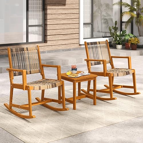 Miniatura 3 de Tangkula Juego de 3 mecedoras para patio, juego de bistró de madera de acacia con asiento y respaldo de ratán, 2 sillones para exteriores con mesa