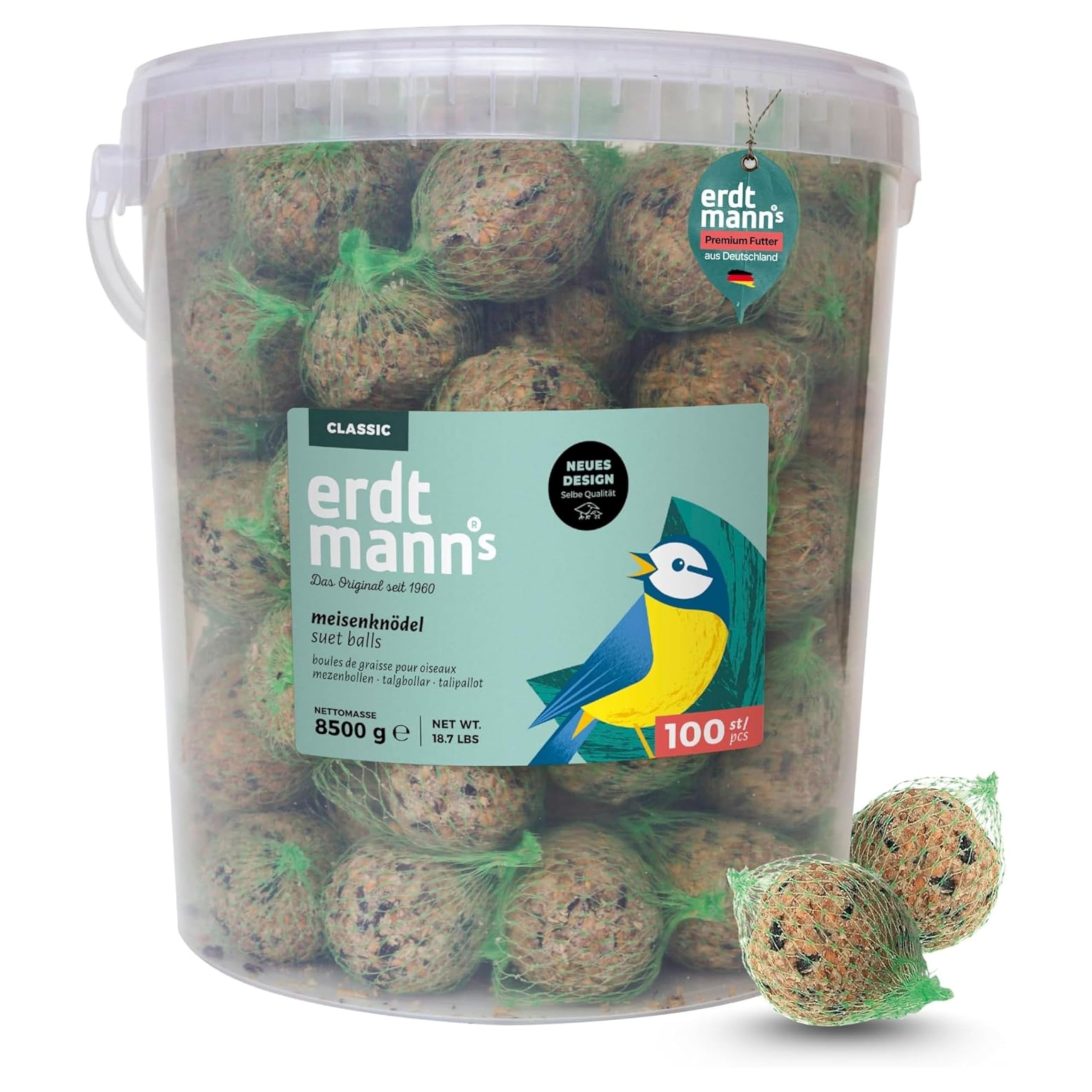 Erdtmanns Meisenknödel mit Netz 100 Stück im Eimer – Wildvogelfutter mit Getreideflocken & Sonnenblumenkernen – für Ganzjahresfütterung – geeignet für Meisen & Co. – wiederverwendbar