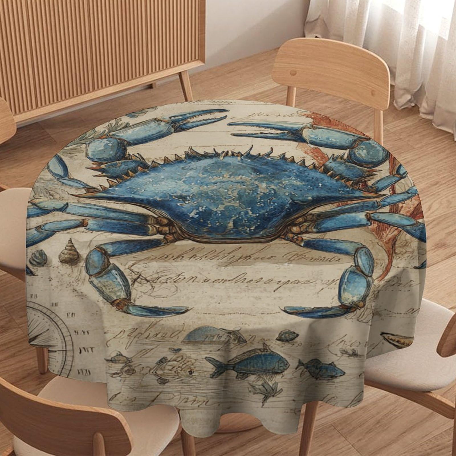 LUYYSKY Fantasy Abstract Blue Crab Round Tablecloth Classic Oil Painting Nautical Sea Animal Crab Coral Compass Washable Decor for Table Cover for Kitchen-91.4" Wx91.4 L cm