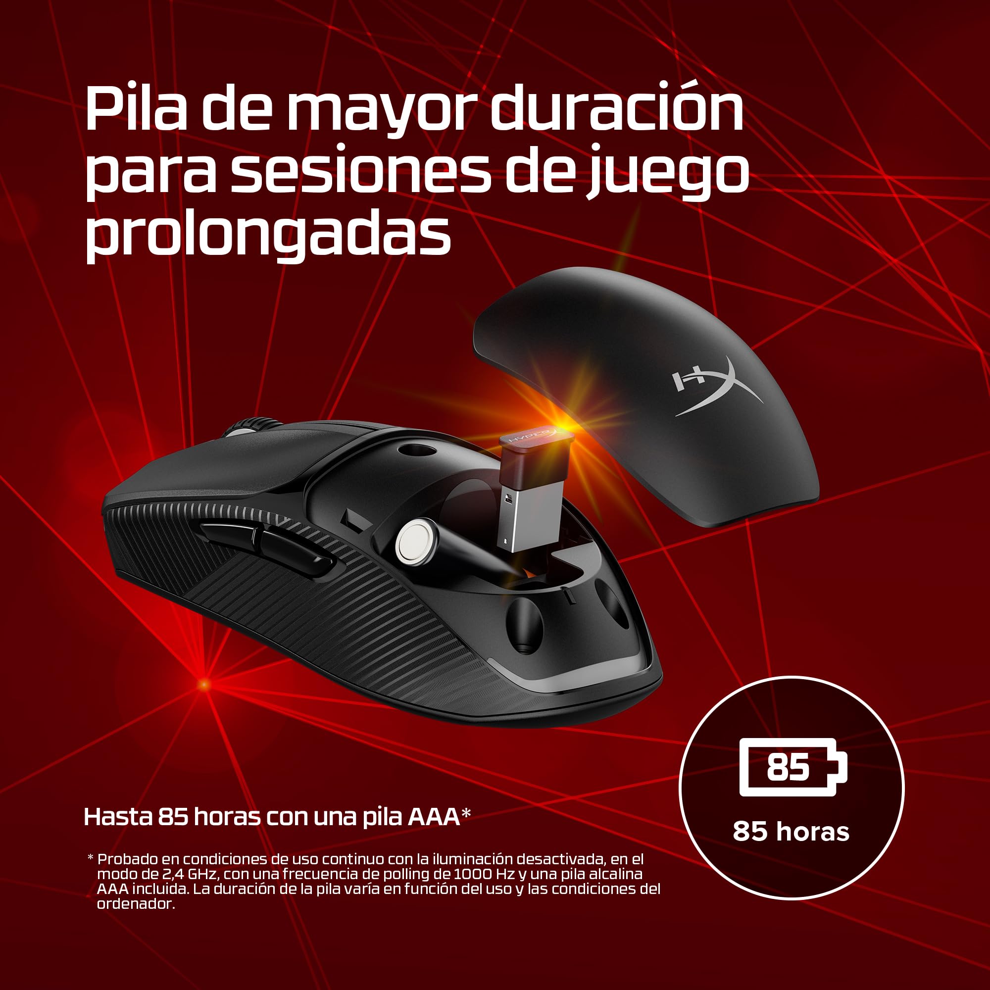Hyperx Pulsefire Fuse - Ratón Gaming inalámbrico, Ultra-Ligero 75g, autonomía 85h, ambidiestro, 12000DPI, 6 Botones, Color Negro