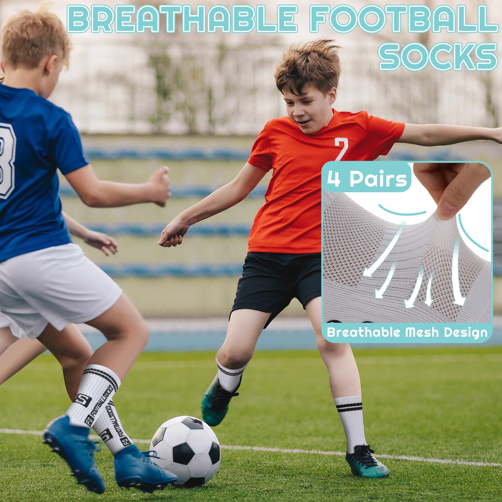 Utensilsto 4 paia di calzini da calcio per bambini, calzini da calcio, antiscivolo, per calcio, basket, corsa, rugby tennis