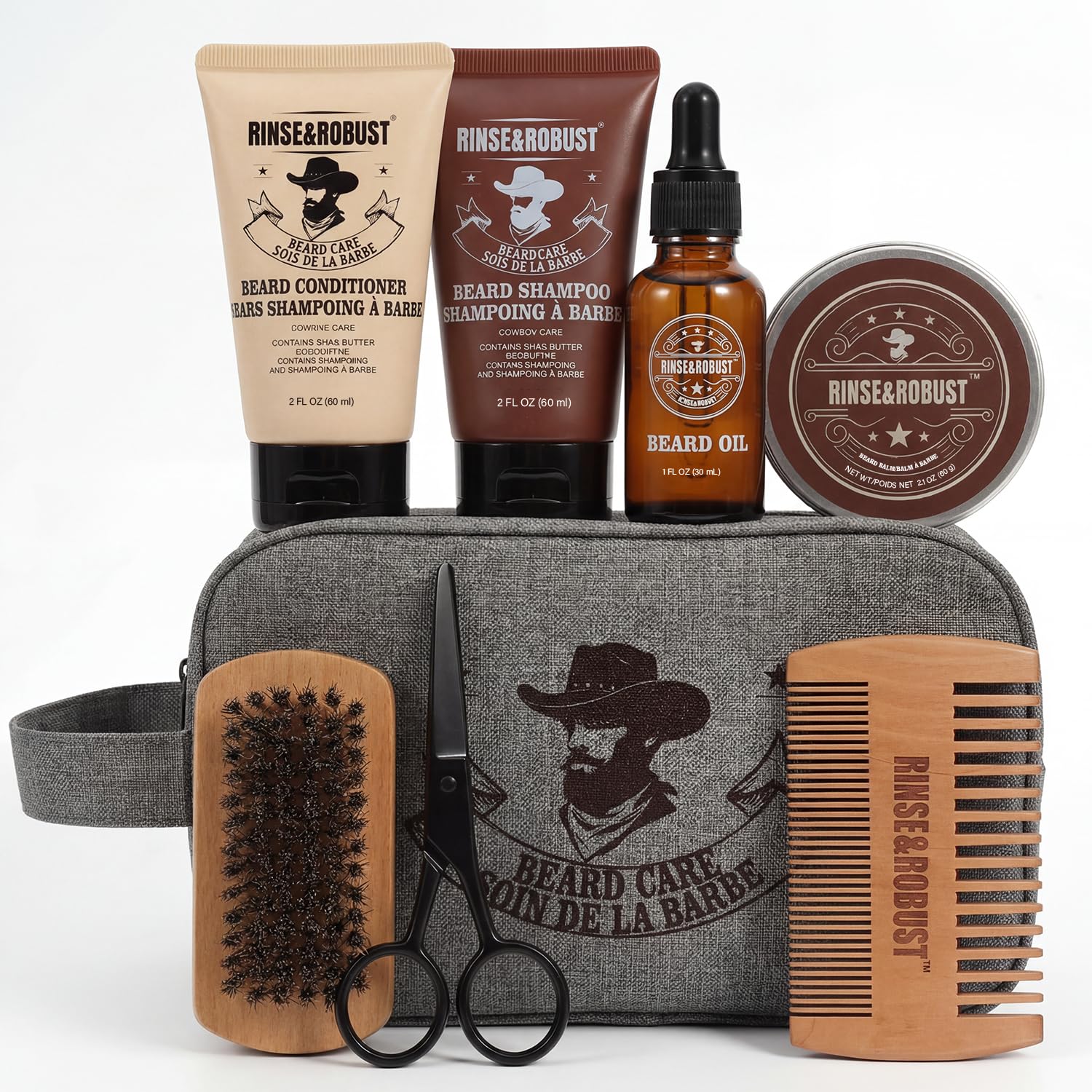 Rinse&Robust Bart-Set zum Spülen 8-teiliges Bart-Pflegeset mit Reisetasche, Eukalyptus-Duft, Bartbürste, Bartkamm, Bartschere, Bartshampoo