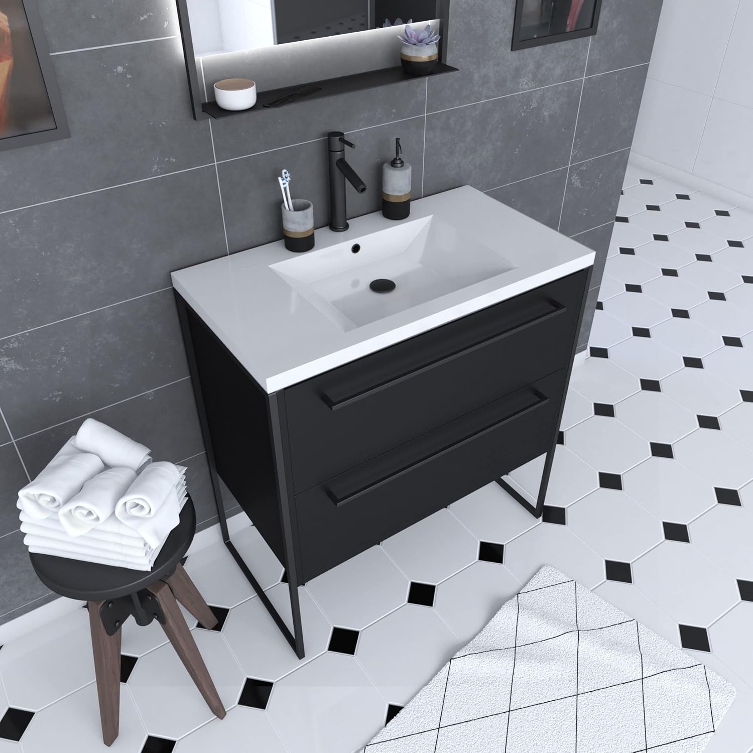 STRUCTURA P054 Bathroom Cabinet 80 x 50 cm Matt Black with 2 Drawers - White Basin