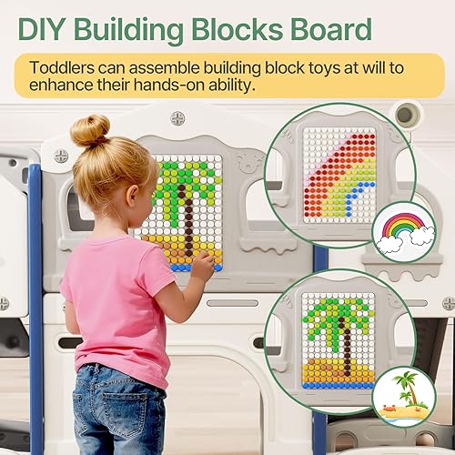 Miniatura 4 de BIERUM Juego de toboganes 10 en 1 para niños pequeños de 1 a 3 años con tira de luces, tablero de dibujo y tabla de bloques de construcción, juego