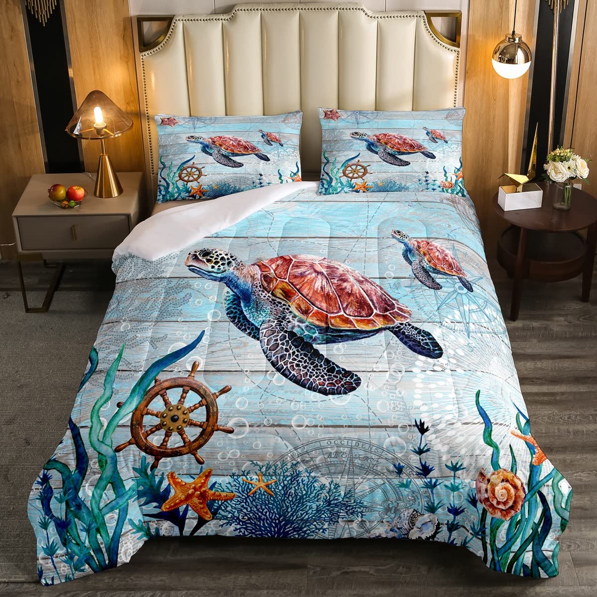 3-częściowy zestaw pościeli, kołdry dla gów, żółwia, king size, morska rozgwiazda nadmorska zestaw pościeli oceanu, wystrój pokoju, stare morskie stworzenia, zestaw kołdry pływackich, ultramiękka mikrofibra