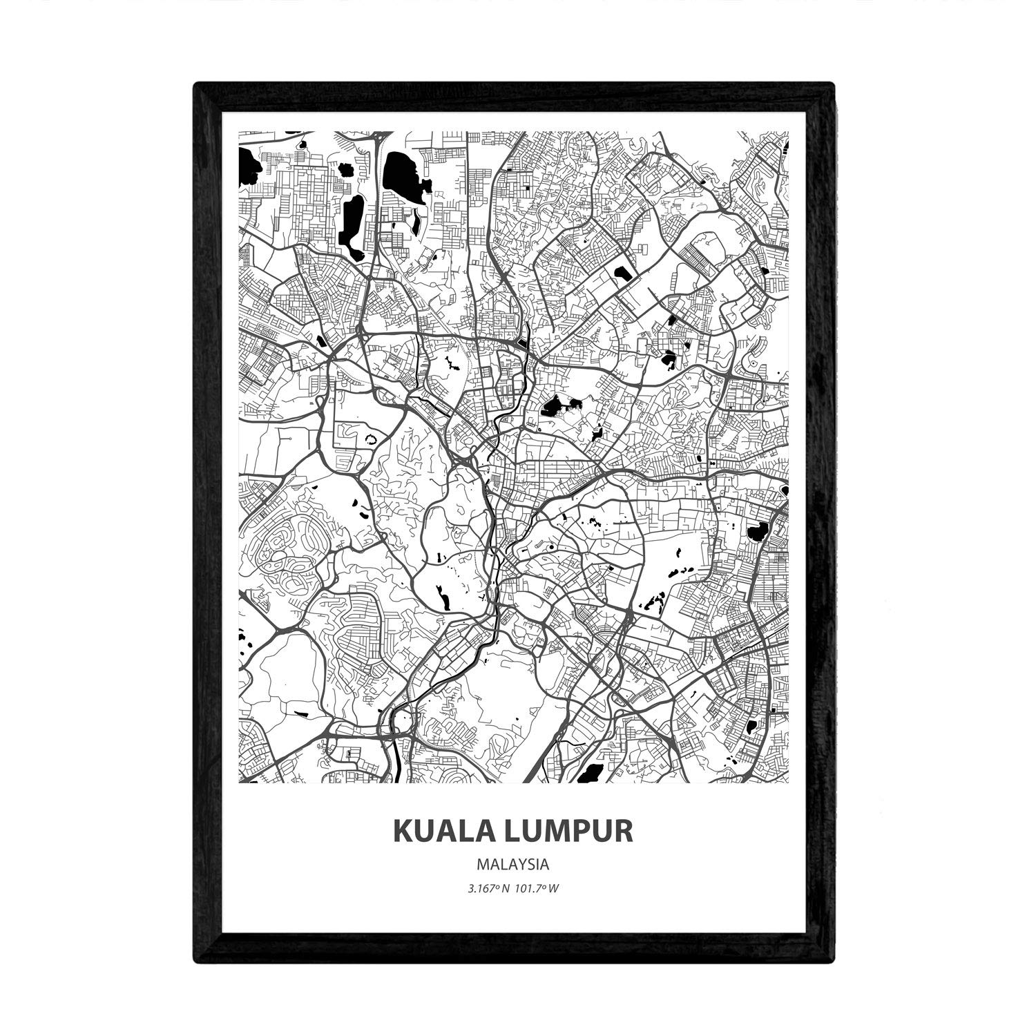 Nacnic Poster with map of Kuala Lumpur - Malaysia. Asian cities sheets with seas and rivers in black color. A4 size