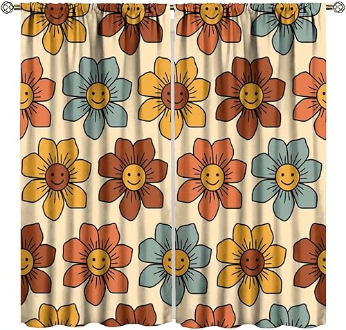 Miniatura 26 de Cortinas florales retro de los años 70, hippie, de verano, con diseño de flores, bohemias, opacas, para dormitorio, sala de estar, cocina, 70