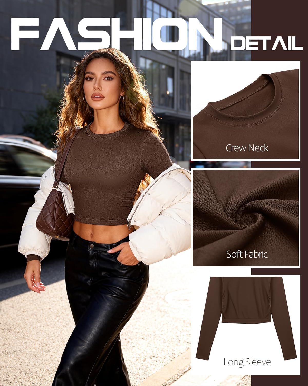 Long Sleeve Shirts for Women Crew Neck Casual Going Out Fashion Crop Tops Basic Slim Fitted Fall Winter Clothes 3 Pack - Image 5