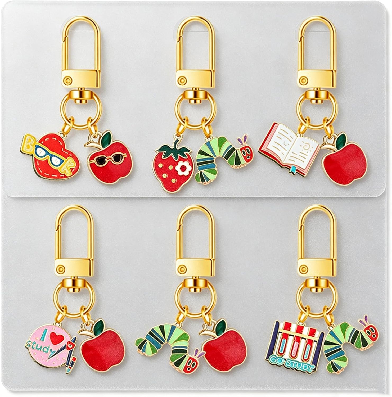 WCRAZYE 6PCS Hungry Caterpillar Keychain Brooch Jewelry Set for Women Green Caterpillar Strawberry Apple Teacher Keychains image 5