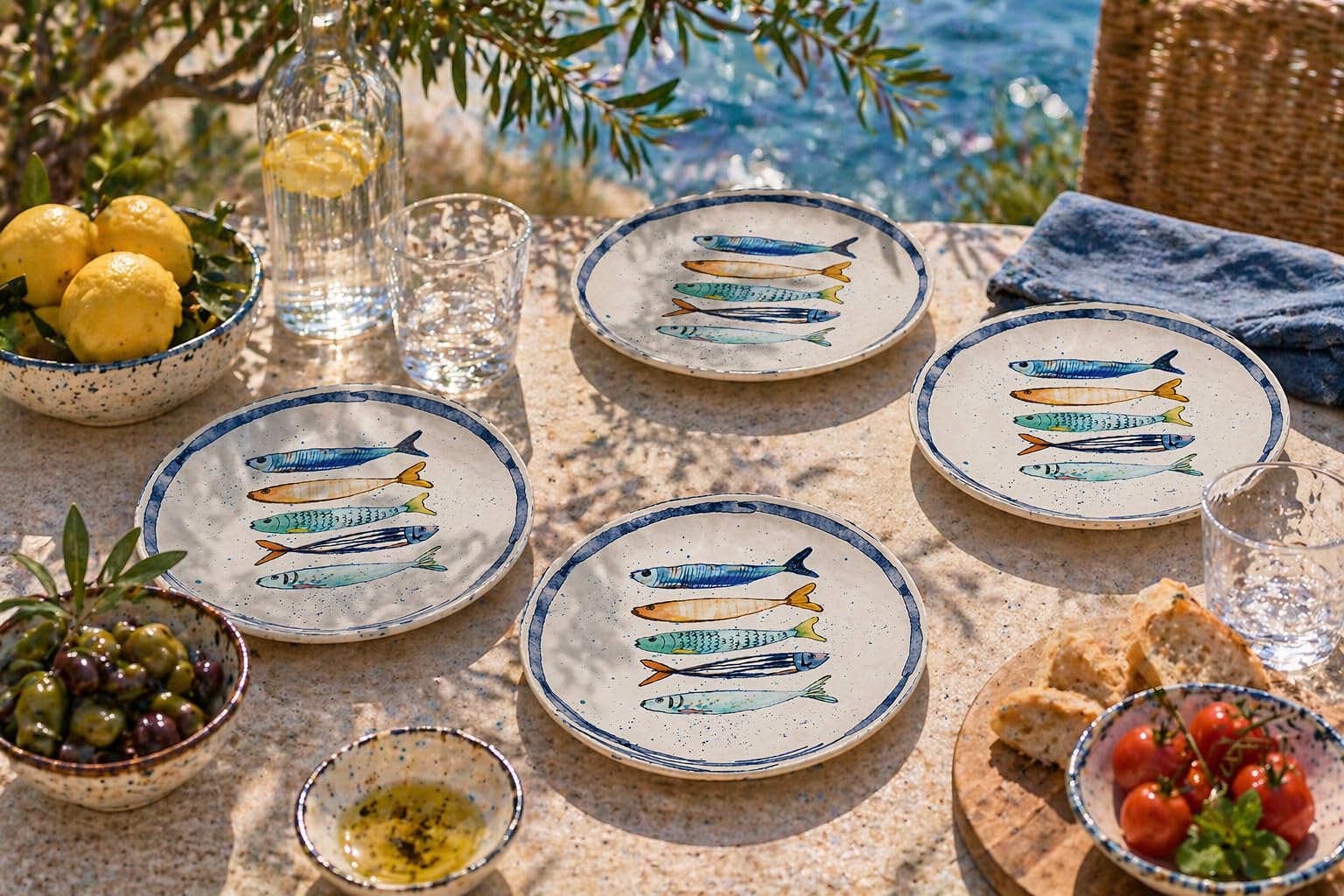 Teller im mediterranen Design mit Sardinen-Motiv | Maritime Speiseteller (26 cm), Suppenteller (21 cm) oder Dessertteller (20 cm) - robust, Steinzeug, glattes Finish (4er Set Dessertteller (20 cm))