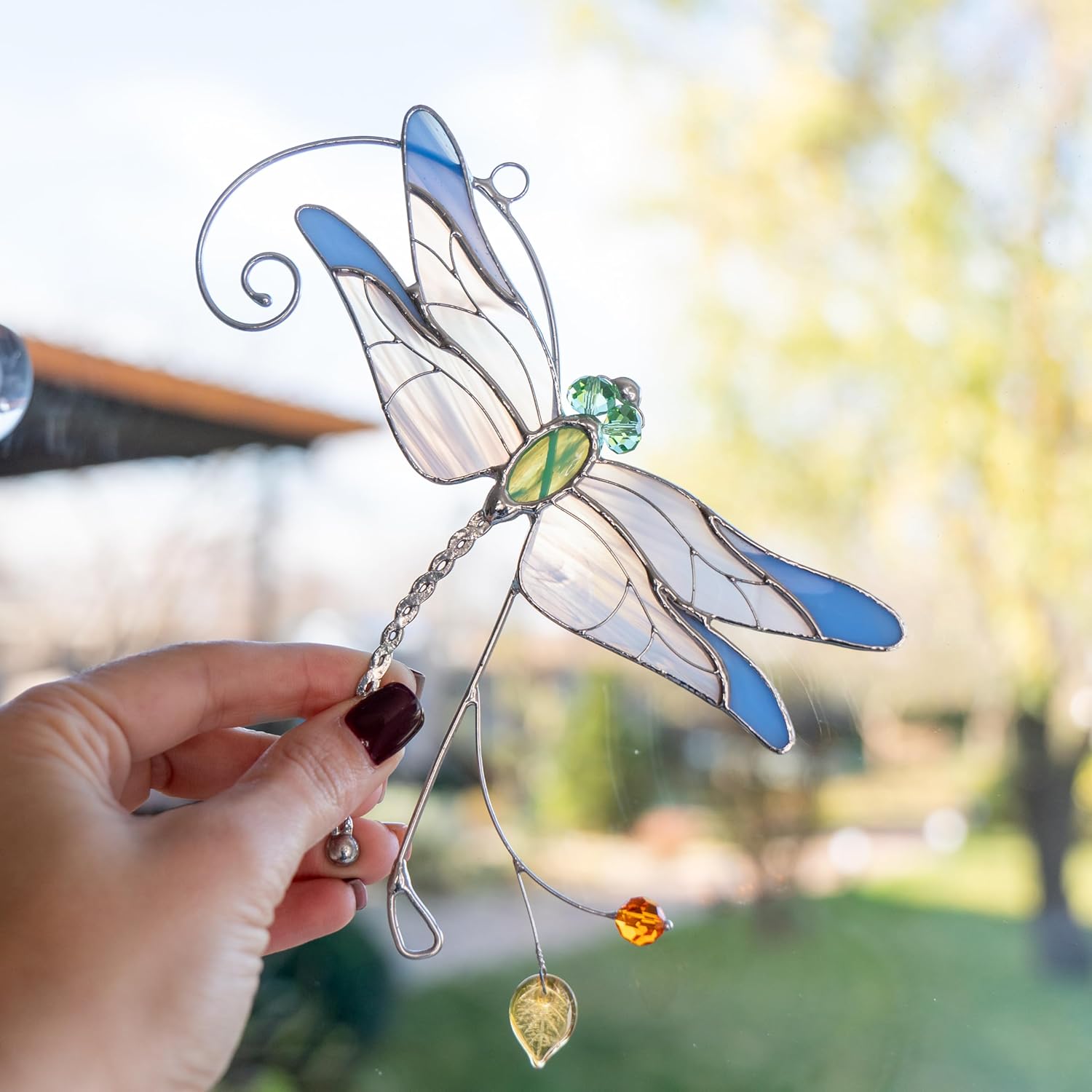 Blue Dragonfly Handmade Stained Glass Suncatcher Stained Glass Window Hanging Unique Kitchen Decoration (Blue Dragonfly)