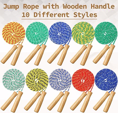 Miniatura 3 de Lenwen 200 cuerdas de saltar ajustables a granel para niños de 7.25 pies de largo, cuerda de saltar de algodón colorido con mango de madera para