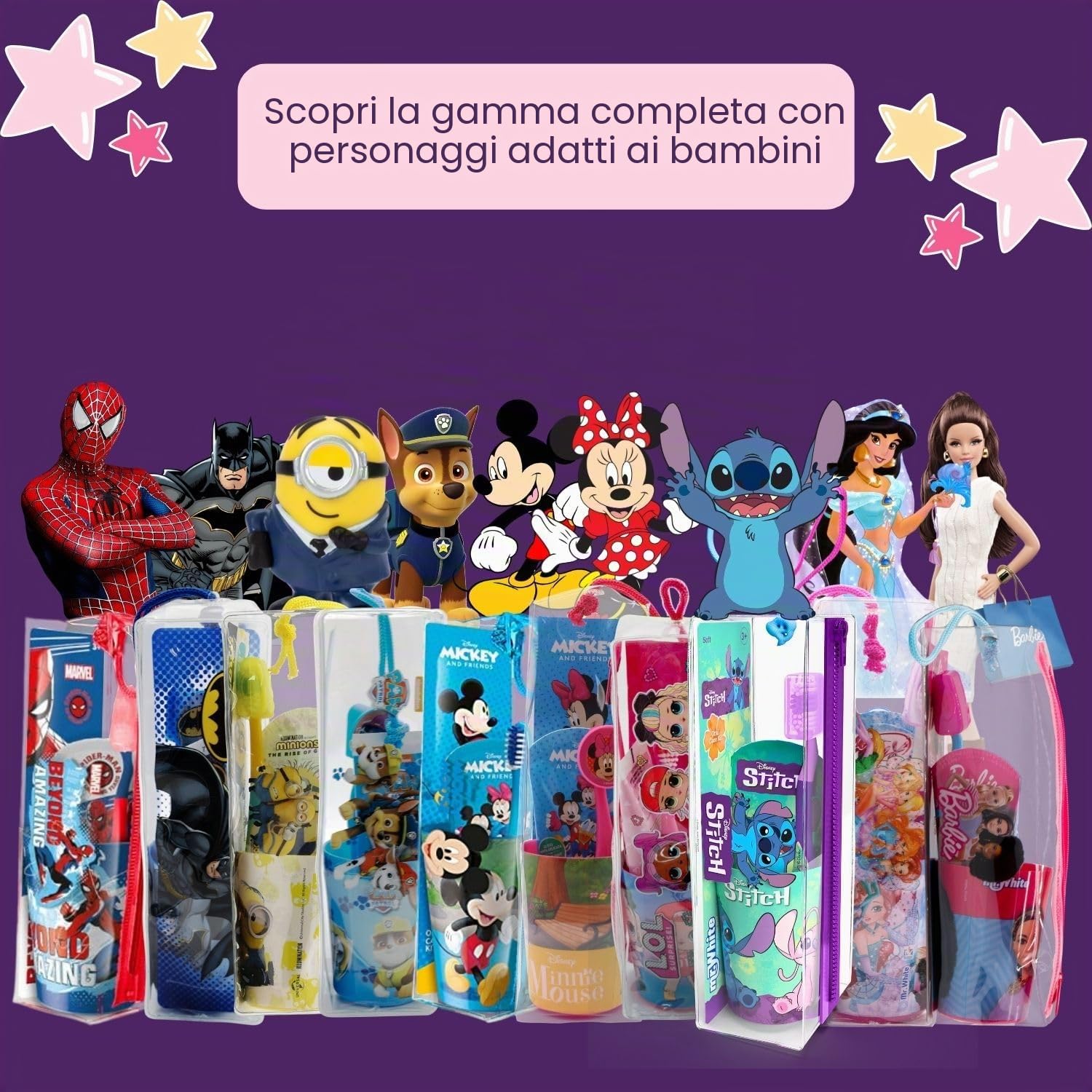 Disney Stitch - Set di spazzolini da denti per bambini, con setole morbide, ventosa e tappo protettivo, dentifricio alla menta e bicchiere multiuso, kit per l'igiene orale da viaggio per bambini dai 3