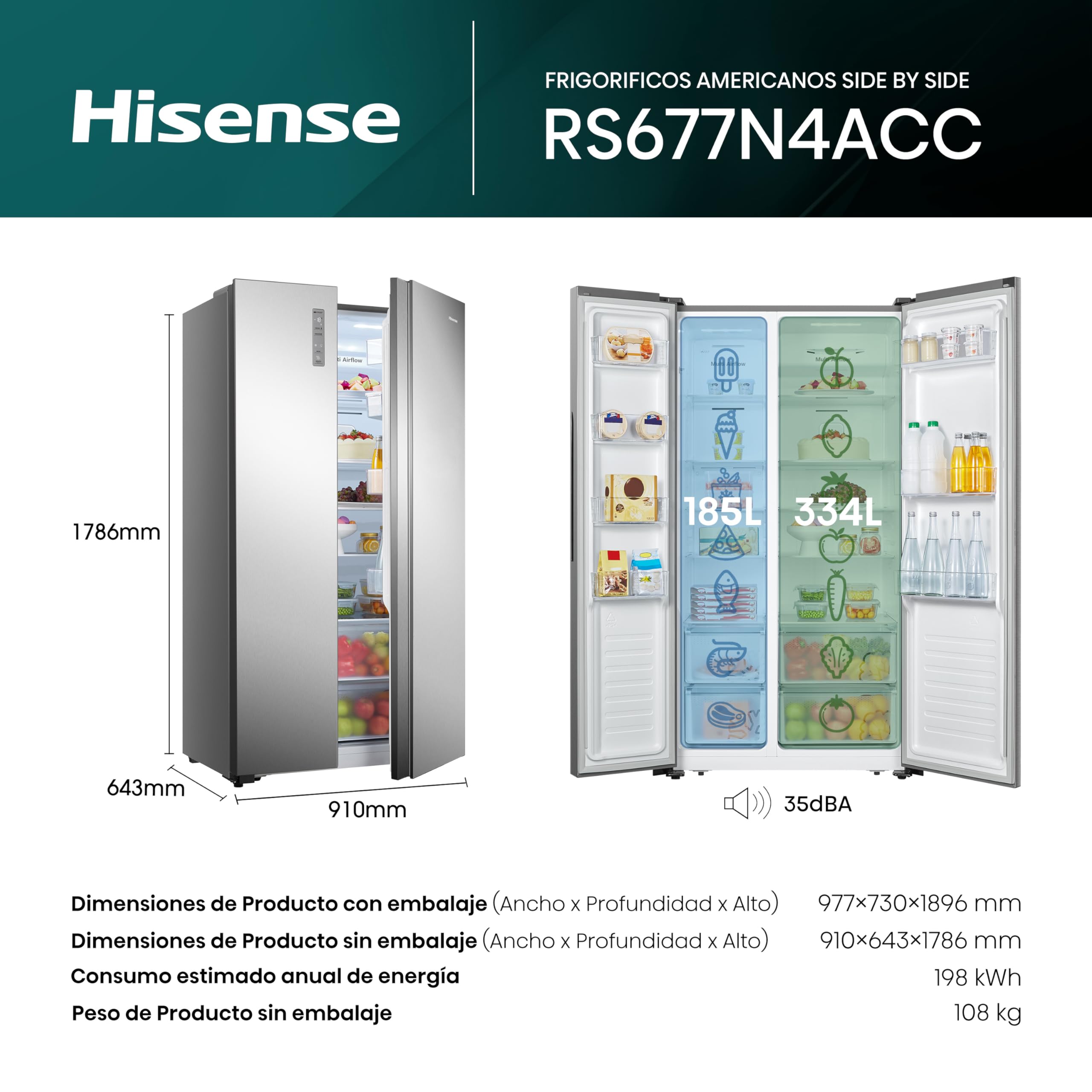 Hisense RS677N4ACC - Frigorífico Americano Dos Puertas, Eficiente Clase C, Capacidad 519 L, ALTO 178,6cm x ANCHO 91cm, Multi-Air Flow, Congelamiento Rápido, Cajón Frutas y Verduras, Color Inox