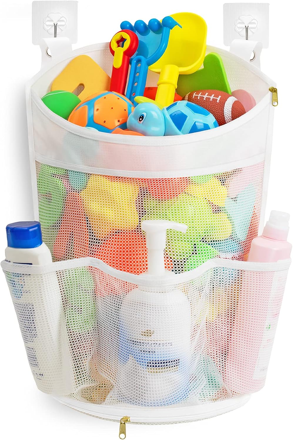 Mesh Bath Toy Organizer with YKK Zipper, Multiple Ways to Hang, Ultra Large Capacity & Large Opening, Bathroom Toy Holder, Baby Bathtub Toys Storage Bag with 3 Side Pockets ( Large, White )