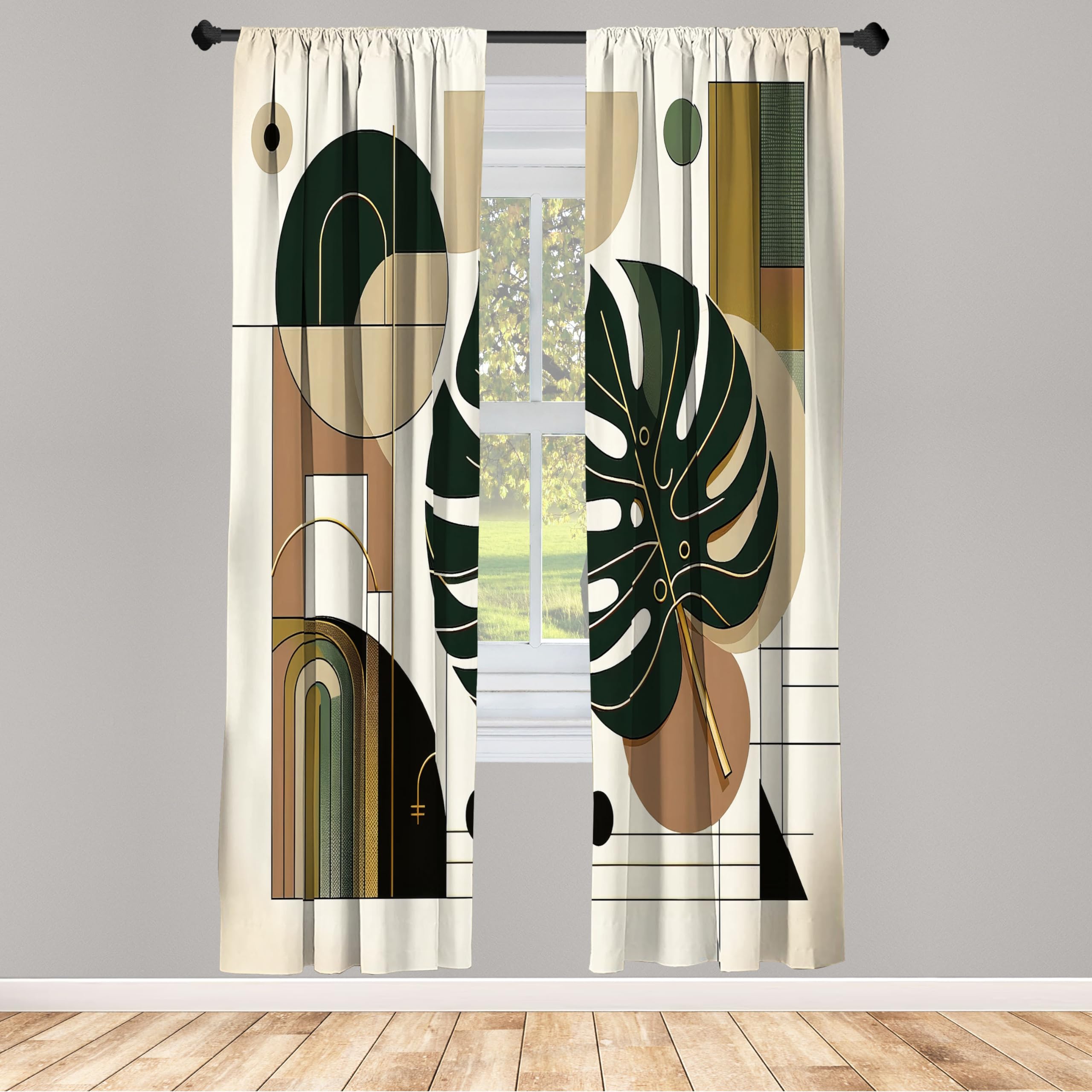 Ambesonne Modern Window Curtains, Monstera Leaf with Mid Century Boho Geometric Rounds Lines Minimalist, Lightweight Decorative 2-Panel Set & Rod Pocket, Pair of - 28