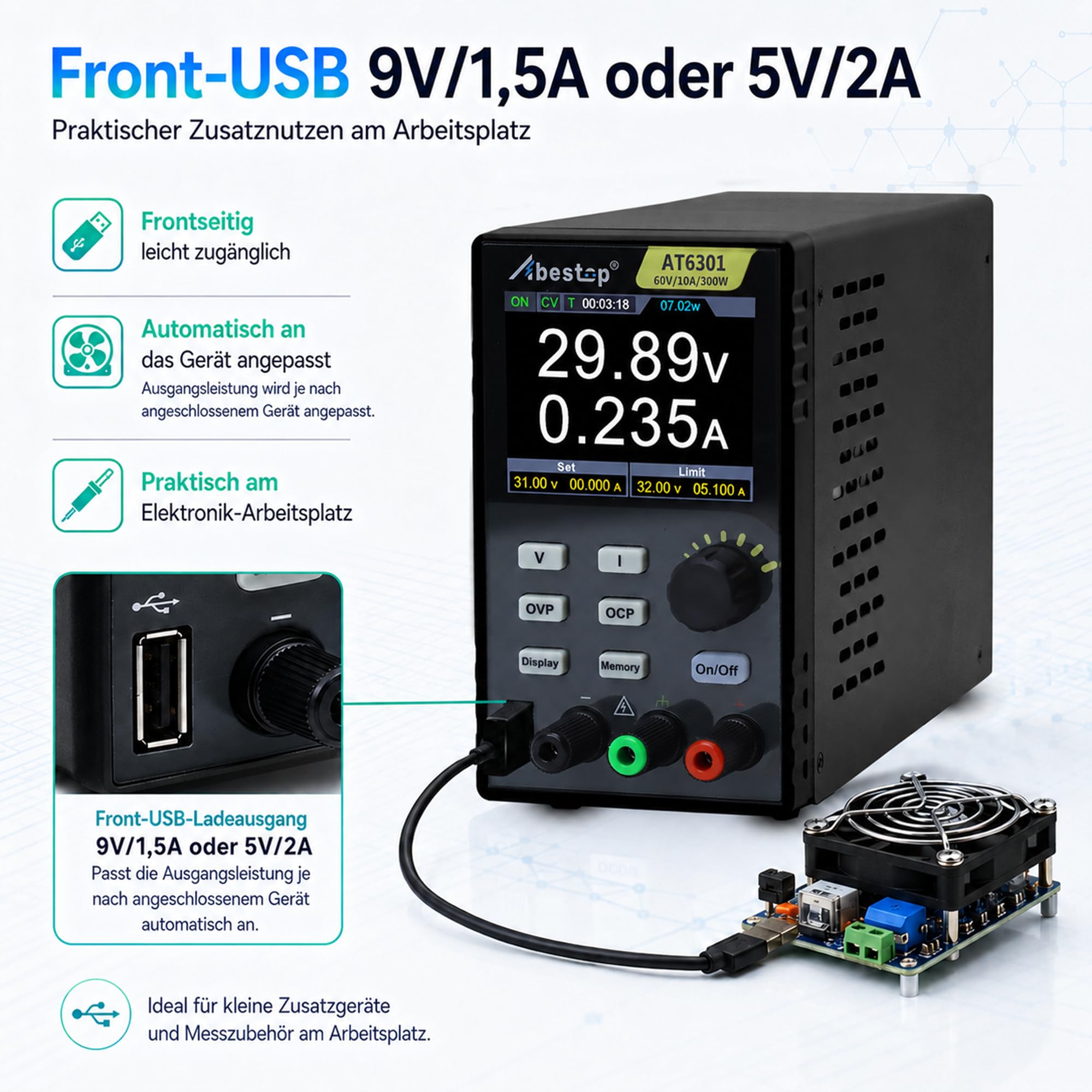 60 V/10 A Labornetzteil, labornetzteil 60V 300 W 2,8" 4-stelliges LCD labornetzgerät Mehrfachschutz Hohe Auflösung mit USB-Ladefunktion (60 V/10 A/300 W/AT6301)