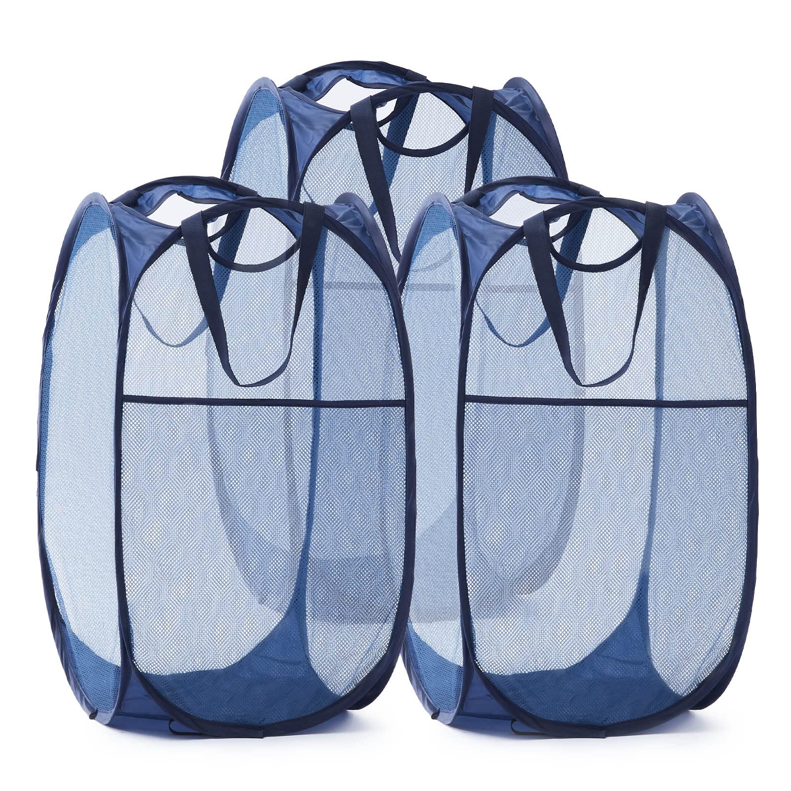 TECHMILLY Collapsible Mesh Pop Up Laundry Hamper with Sturdy Handles and Side Pocket - Portable Foldable Clothes Baskets for Dorm, Bathroom &amp; Travel Storage (Blue, 3 Packs)