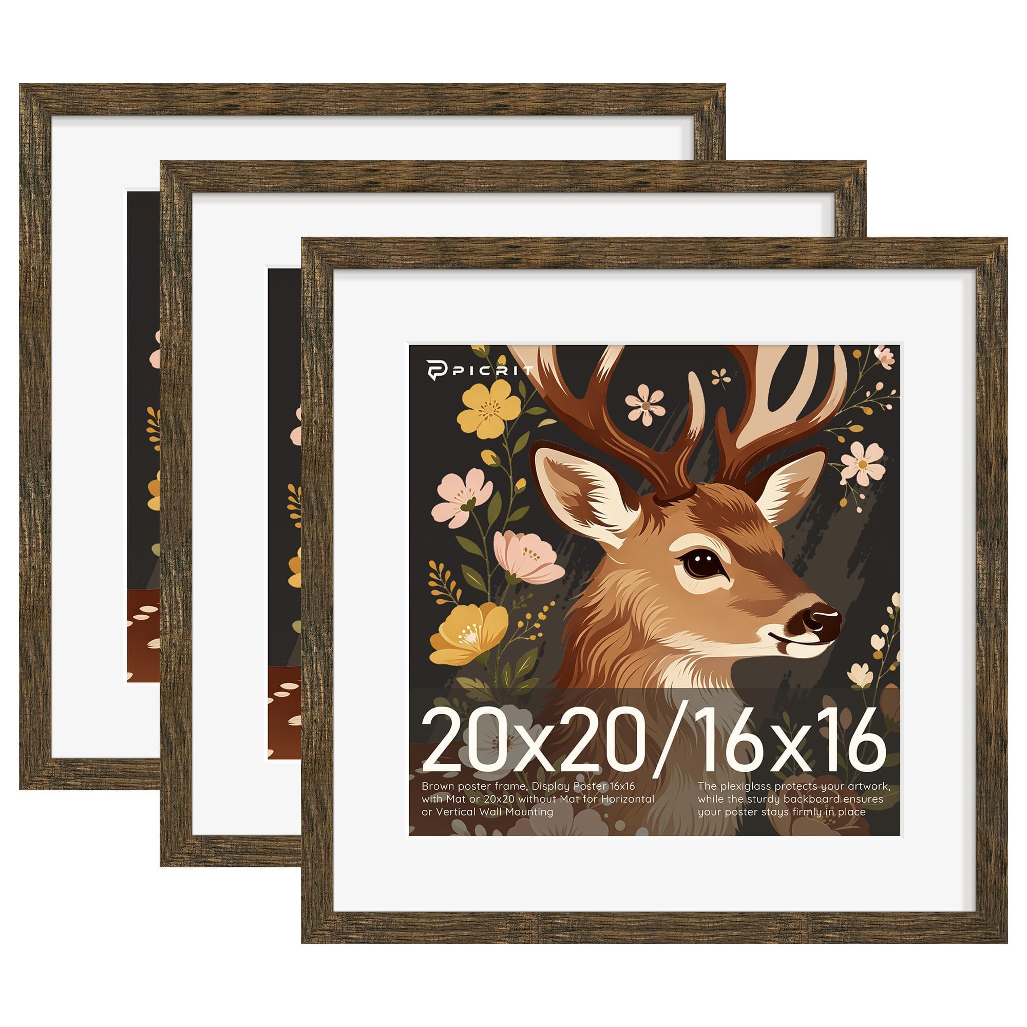 Picrit 20x20 Rustic Brown Picture Frame, Poster Frame for Wall, 3 Pack
