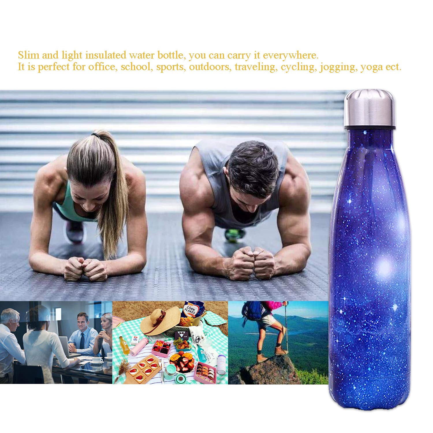 QXuan Bottiglie isolate d'acqua in Acciaio Inox a doppia parete 500ml senza BPA, per lo sport ufficio scuola viaggi all'aperto