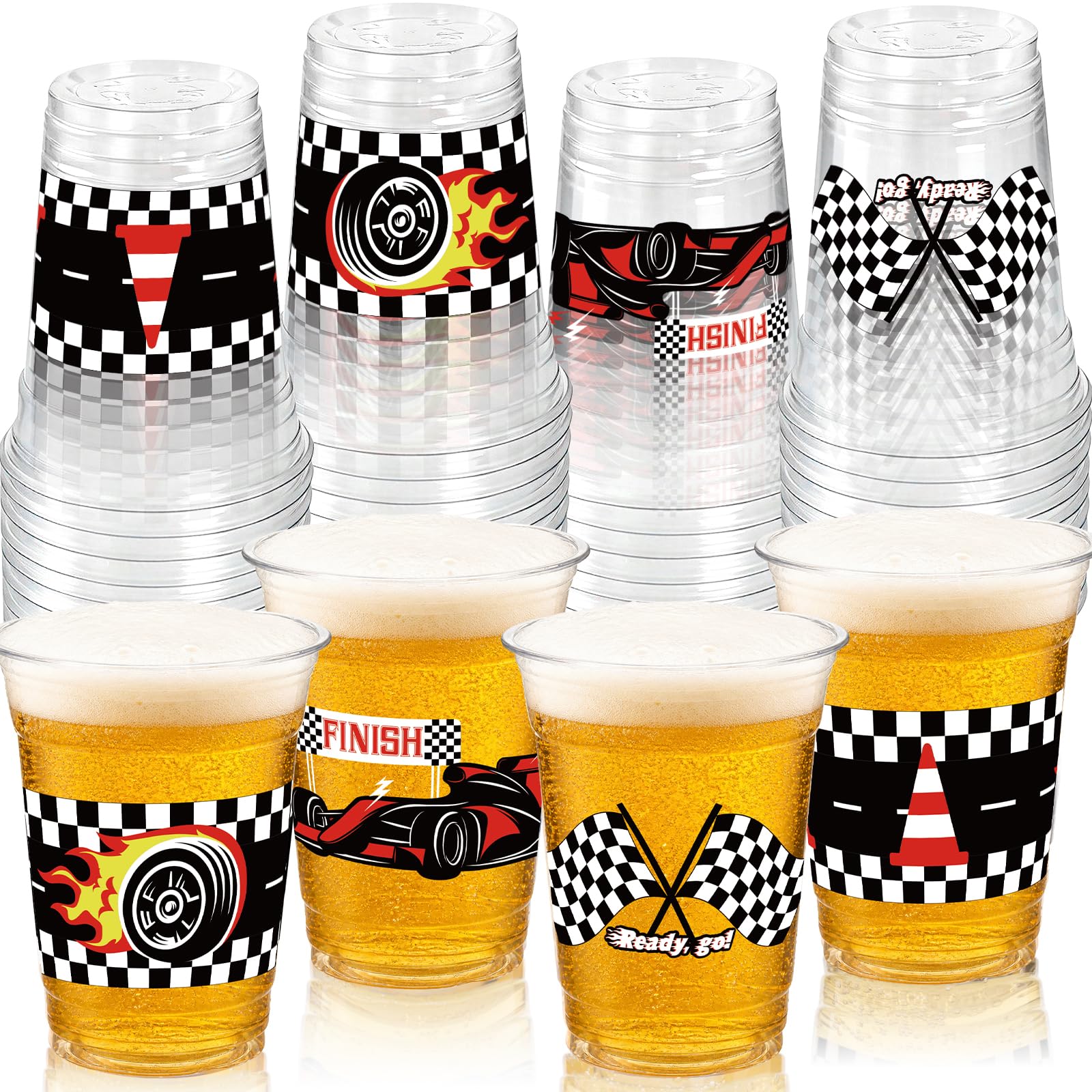 GuassLee 50 Race Car Birthday Party Decorations, 12Oz Checkered Flag Racing Party Disposable Plastic Cups for Boys Fast One Two Birthday Car Party Favors Supplies