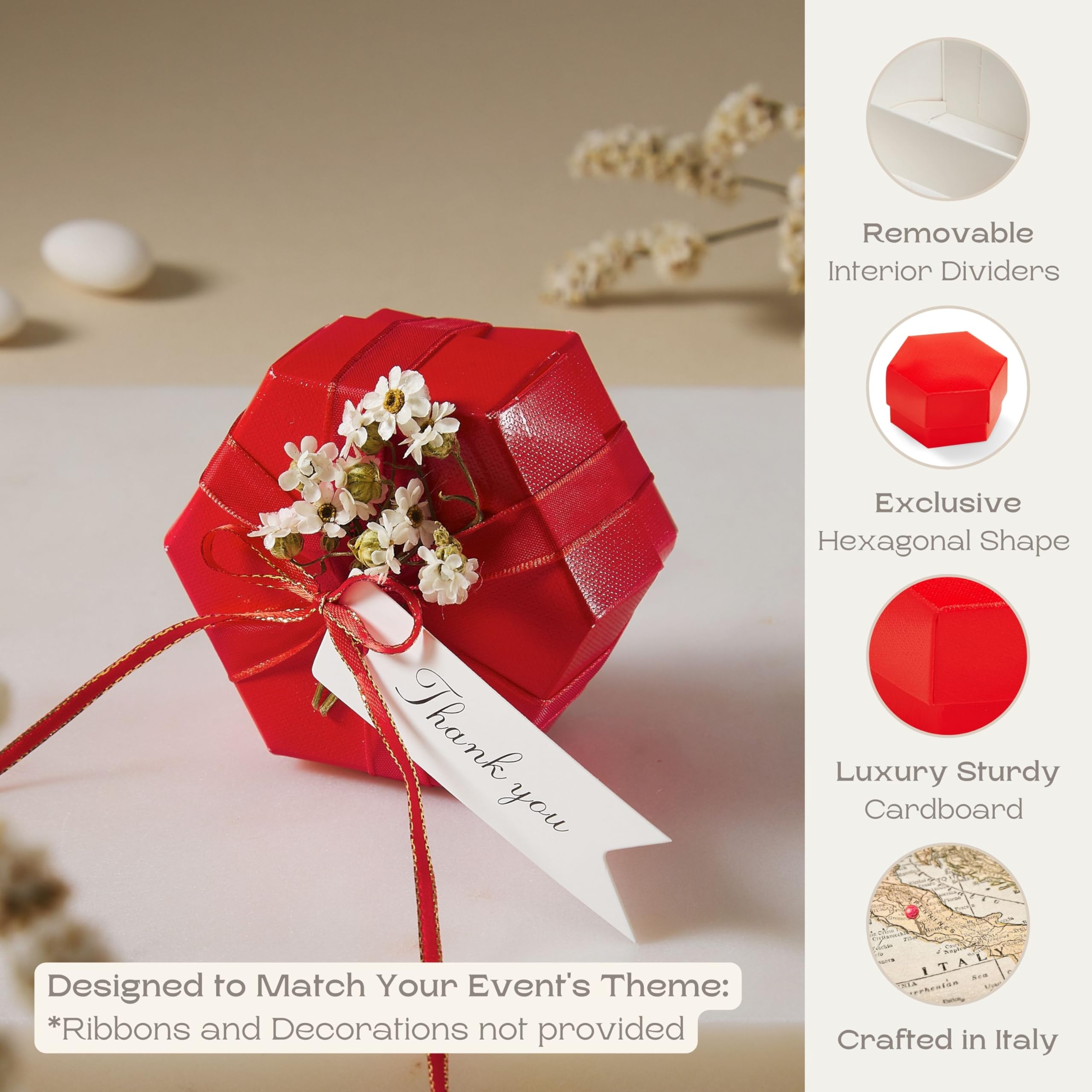Boxes Craftory Kleine Geschenkschachteln, sechseckig, 6 x 4 cm, ideal für Hochzeit, Babyparty und Brautparty, rotes Leinen, 40 Stück