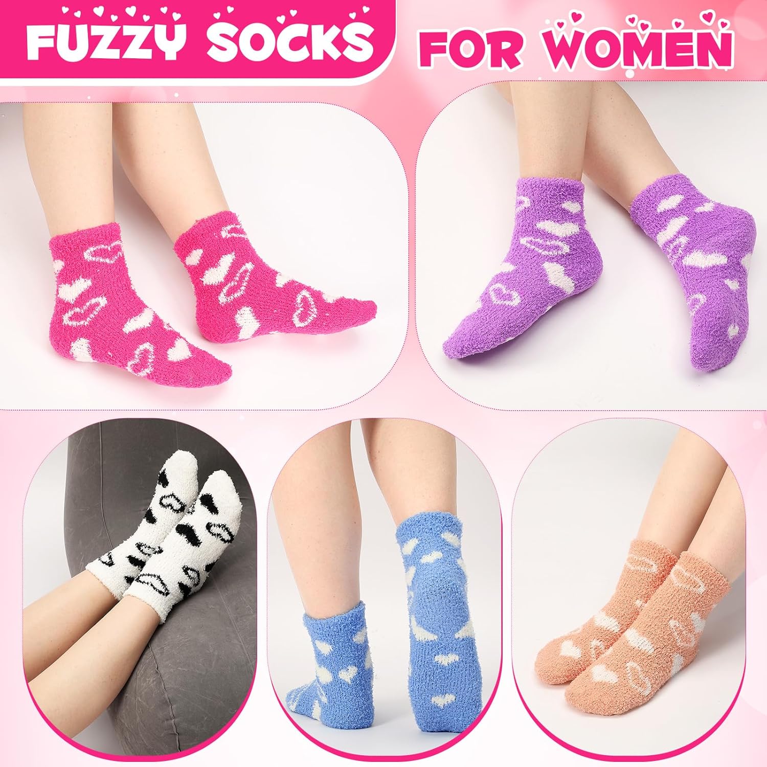 Foaincore 35 Pairs Women Heart Socks Fuzzy Heart Soft Warm Fluffy Thick Cozy Slipper Sock for Women Mother's Day Gift