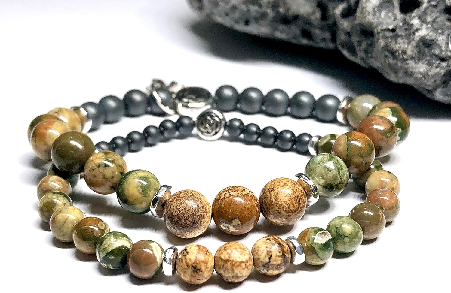 Irish Cliffs of Moher Gemstone Bracelet with Celtic Knot - Custom Sized Bracelet - 6mm or 8mm Bead Size - Optional Shamrock Charm - Couple's Bracelet for Men and Women