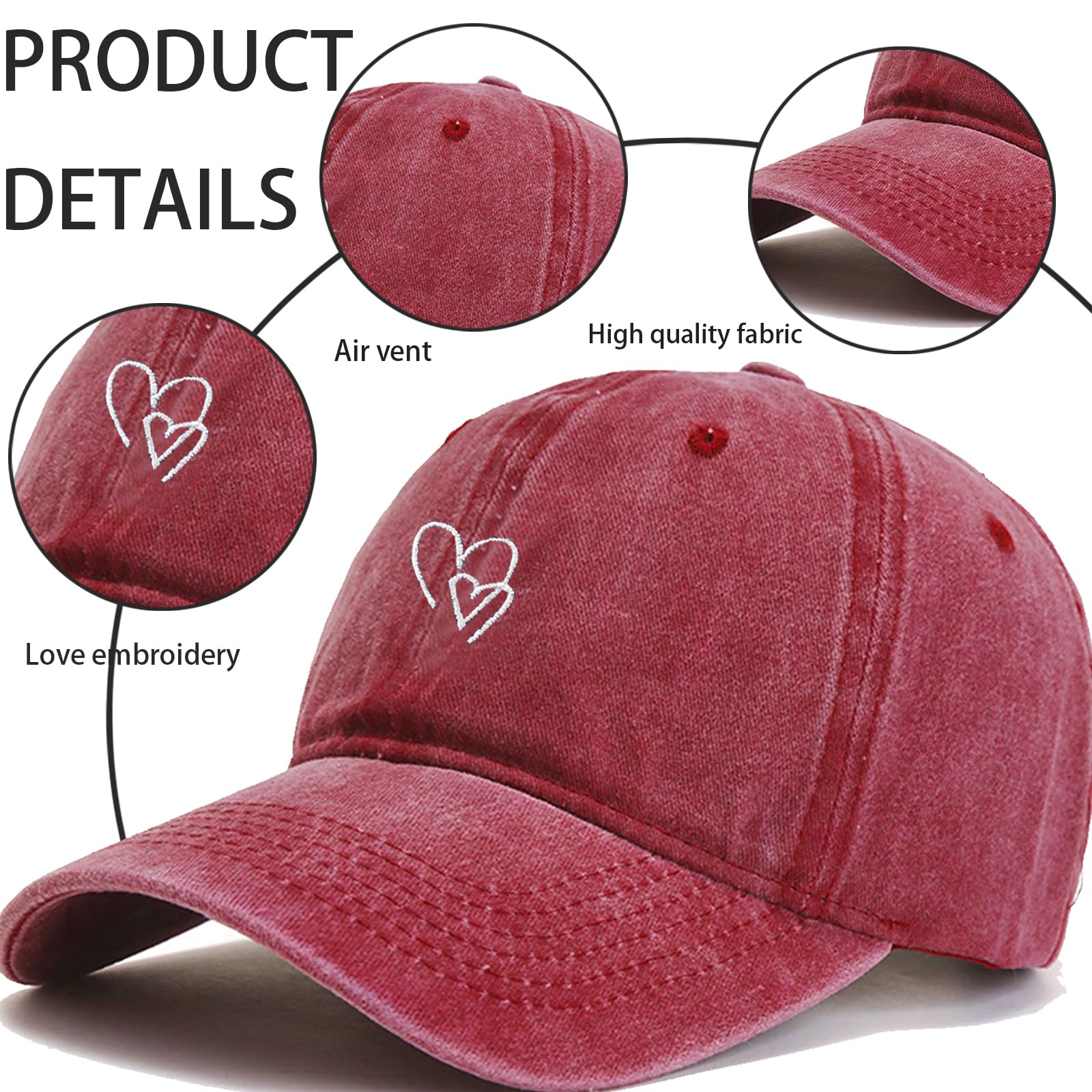 Casquette Femme ete en Coton Rétro avec Amour Broderie, Casquette de Baseball Vieux Lavée, Casquette Baseball Femme, Sport Outdoor Chapeau, pour Hommes et Femmes