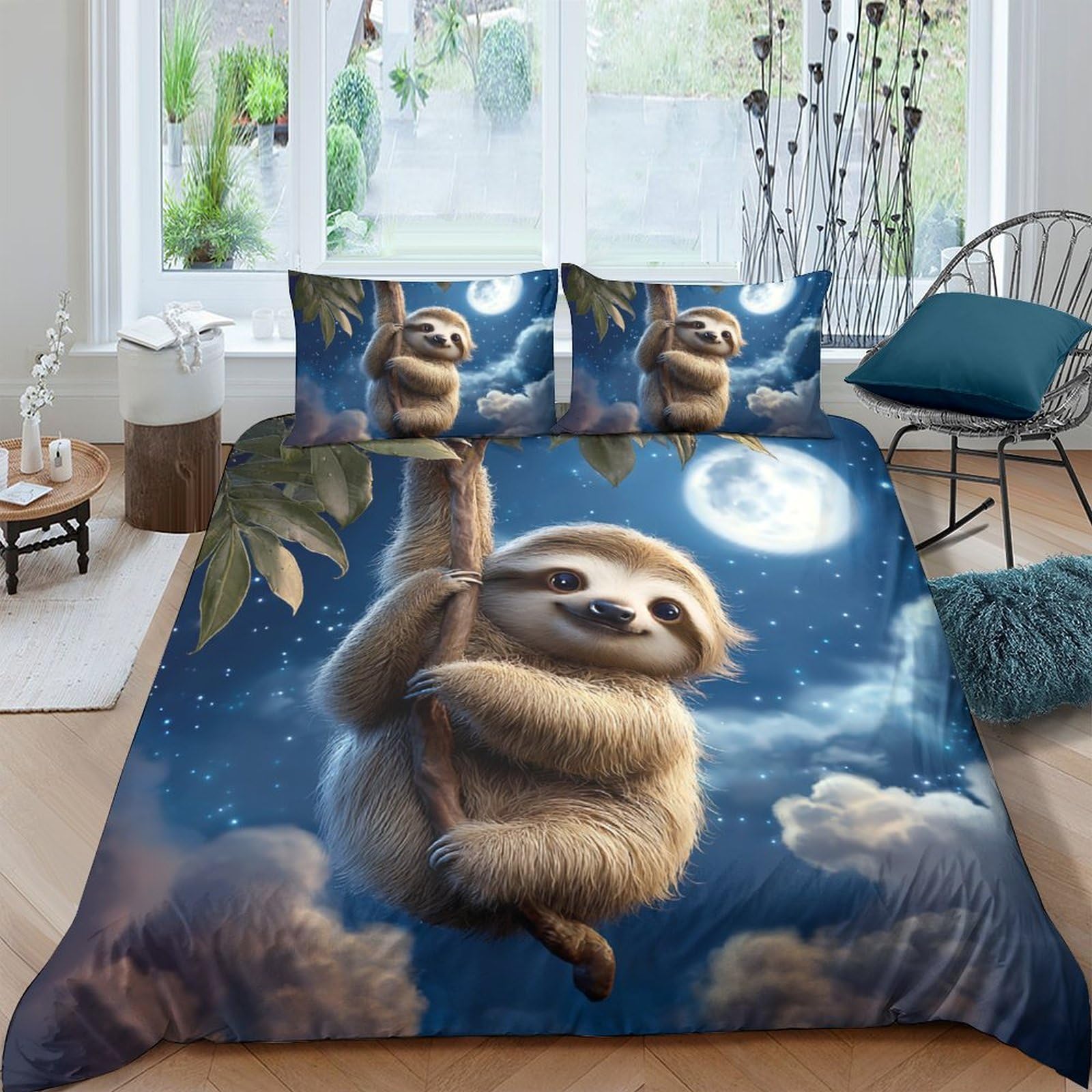 Ctjqhvkz Style-5 3D Printed Moonlight Sloth Fitted Sheet Microfiber Soft Breathable Night Forest Mattress Cover For Bedroom Decor Single（135X200cm）