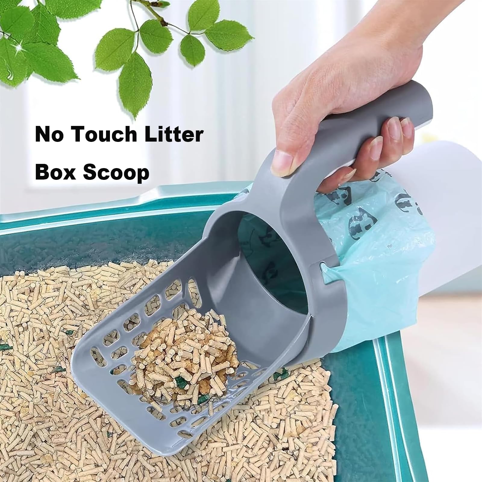 PEARLUTO Meowbud Poop Scooper, Portable Litter Shovel with Bags, No Touch Litter Box Scoop, Cat Litter Scoop, Large Capacity Cat Scooper Portable Shovel (8pcs Green Garbage Bags)