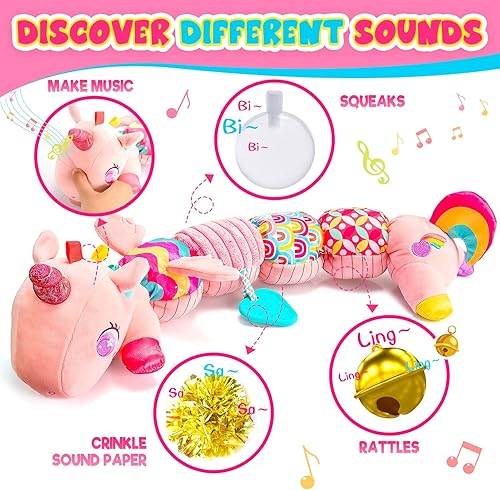 Miniatura 3 de Juguetes de unicornio para bebés de 0 a 12 meses faentwc Juguete musical infantil de peluche con mordedor, sonajero, arruga multisensorial, juguetes