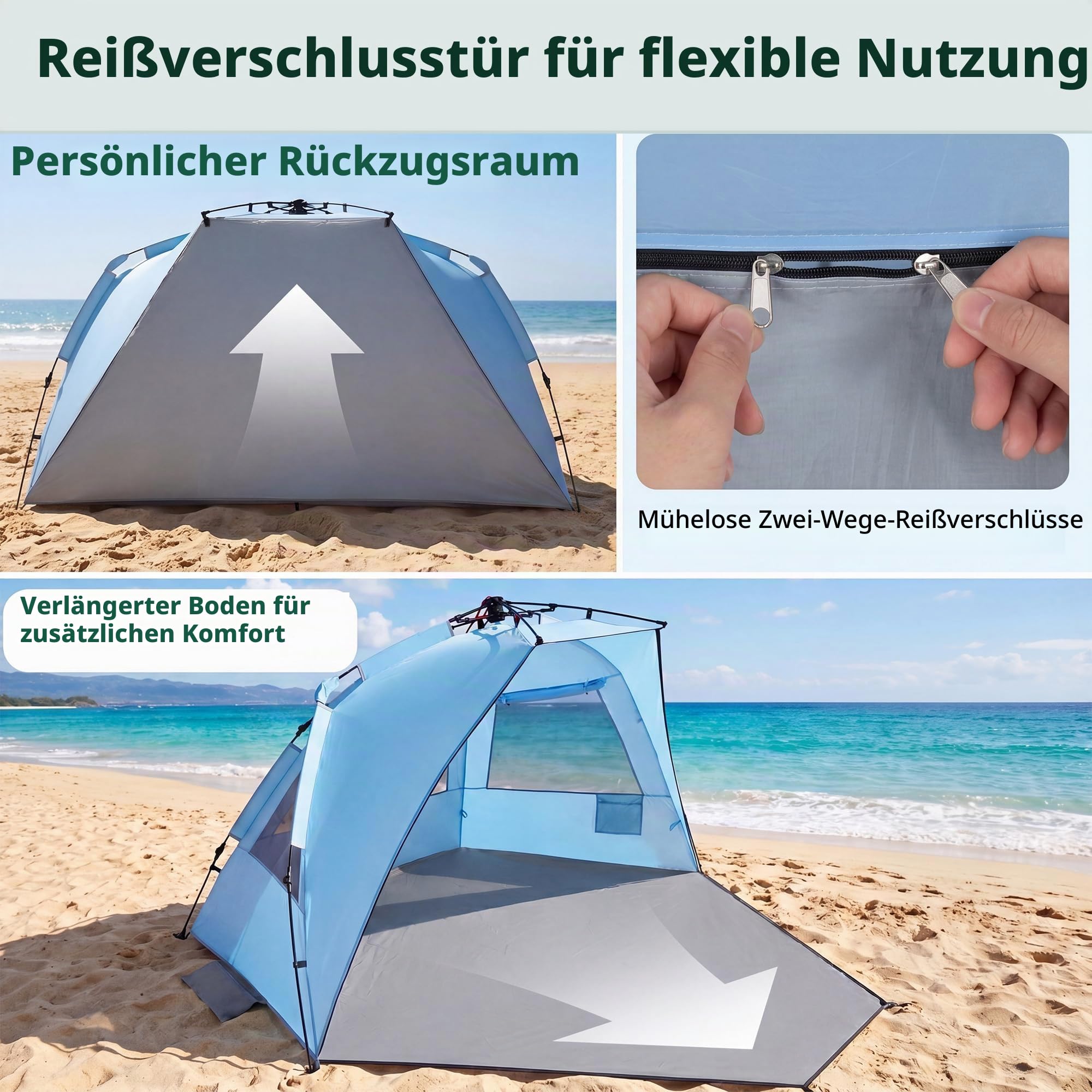 HOMASIS Pop-up Strandmuschel XXL, wetterfestes Strandzelt für 3-4 Personen mit erweiterbarem Boden, Mesh-Fenstern & Tragetasche, UV-Schutz 50+, tragbares Sonnenzelt für Strand, Camping & Hinterhof