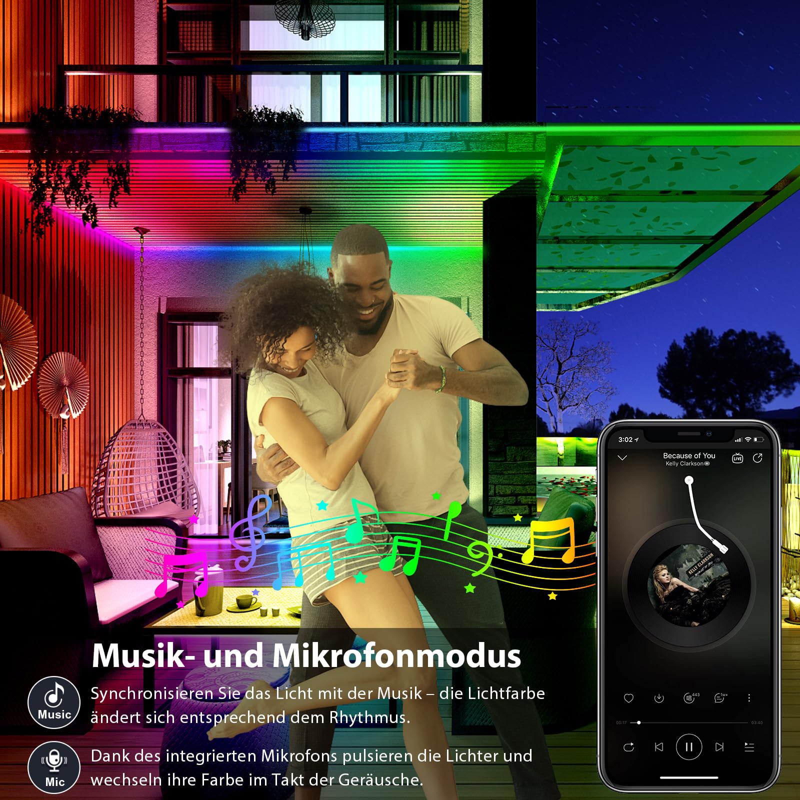 15M LED Streifen Außen Wasserdicht IP68, RGB Musik-Synch Aussenlichtband mit App & Fernbedienung, Selbstklebender Farbwechsel-Lichtschlauch für Balkon, Terrasse, Pool, Garten