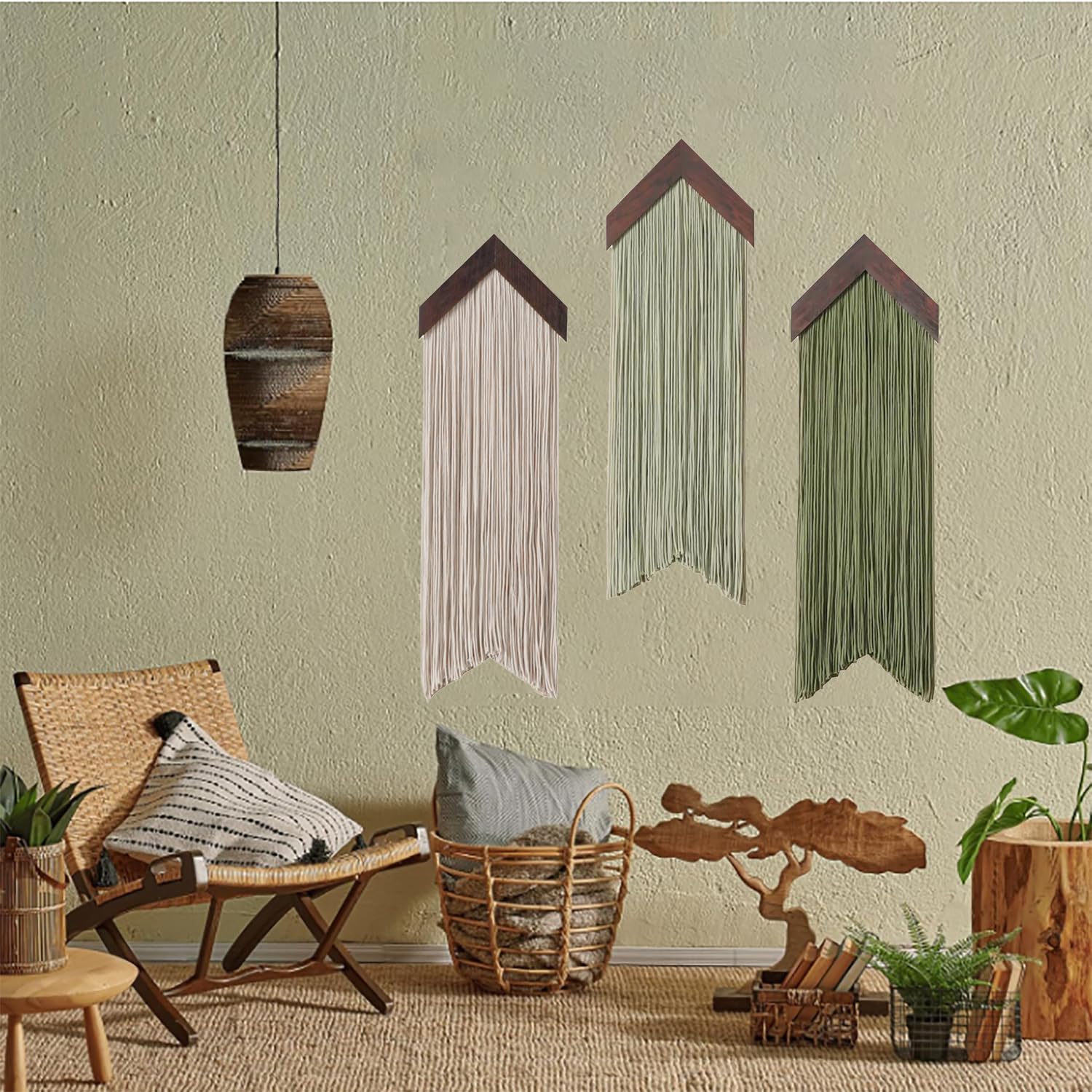 Tapiz de macramé para colgar en la pared, para dormitorio y sala de estar, hecho a mano, teñido por inmersión, decoración de pared verde con hilo único, estilo tradicional para apartamento, decoración