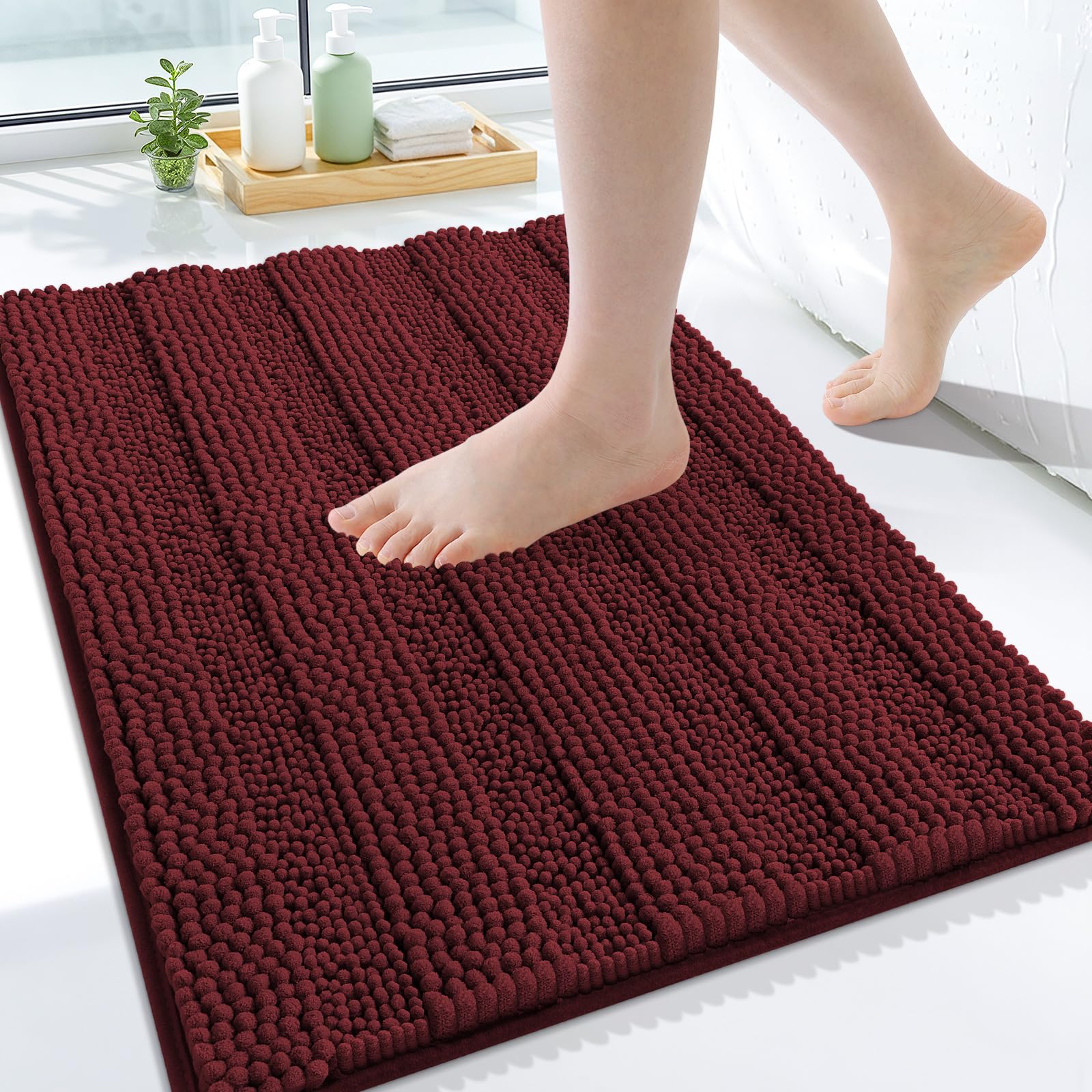 Grandaily Chenille Bathroom Rugs 24x16, Soft Bath Mats, Reddish Brown