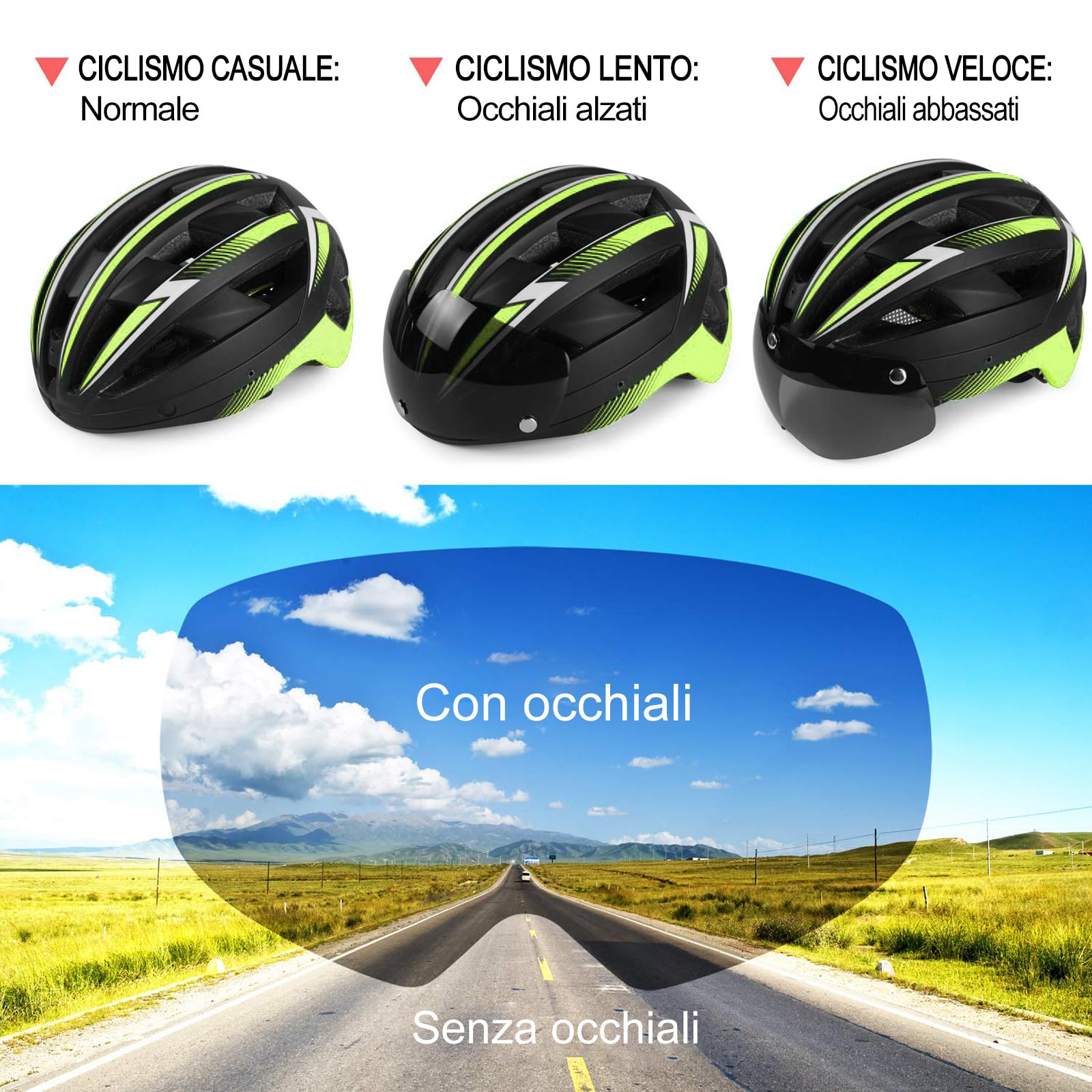 Shinmax Casco Bici Uomo Donna Casco MTB con LED USB Ricaricabile Luce Casco Bici Adulti con Visiera Rimovibile Magnetica Occhiali Casco Ciclismo Unisex Caschi Bicicletta 57-62cm NR-032